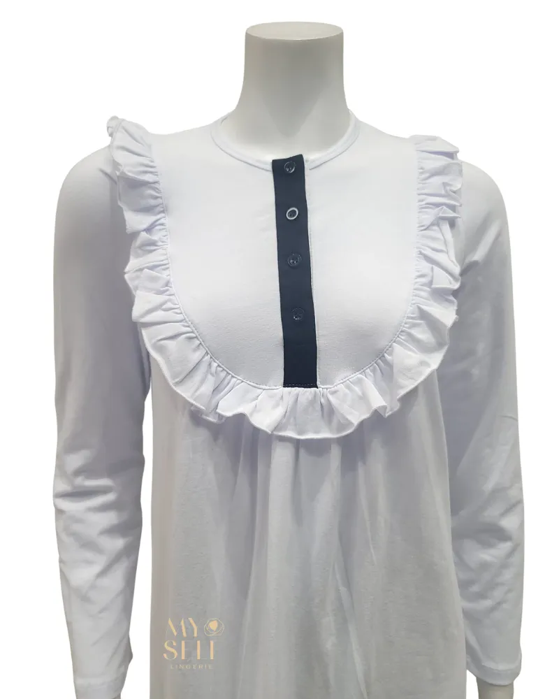 Ellwi White Ruffle Bib Button Down Cotton Nightgown