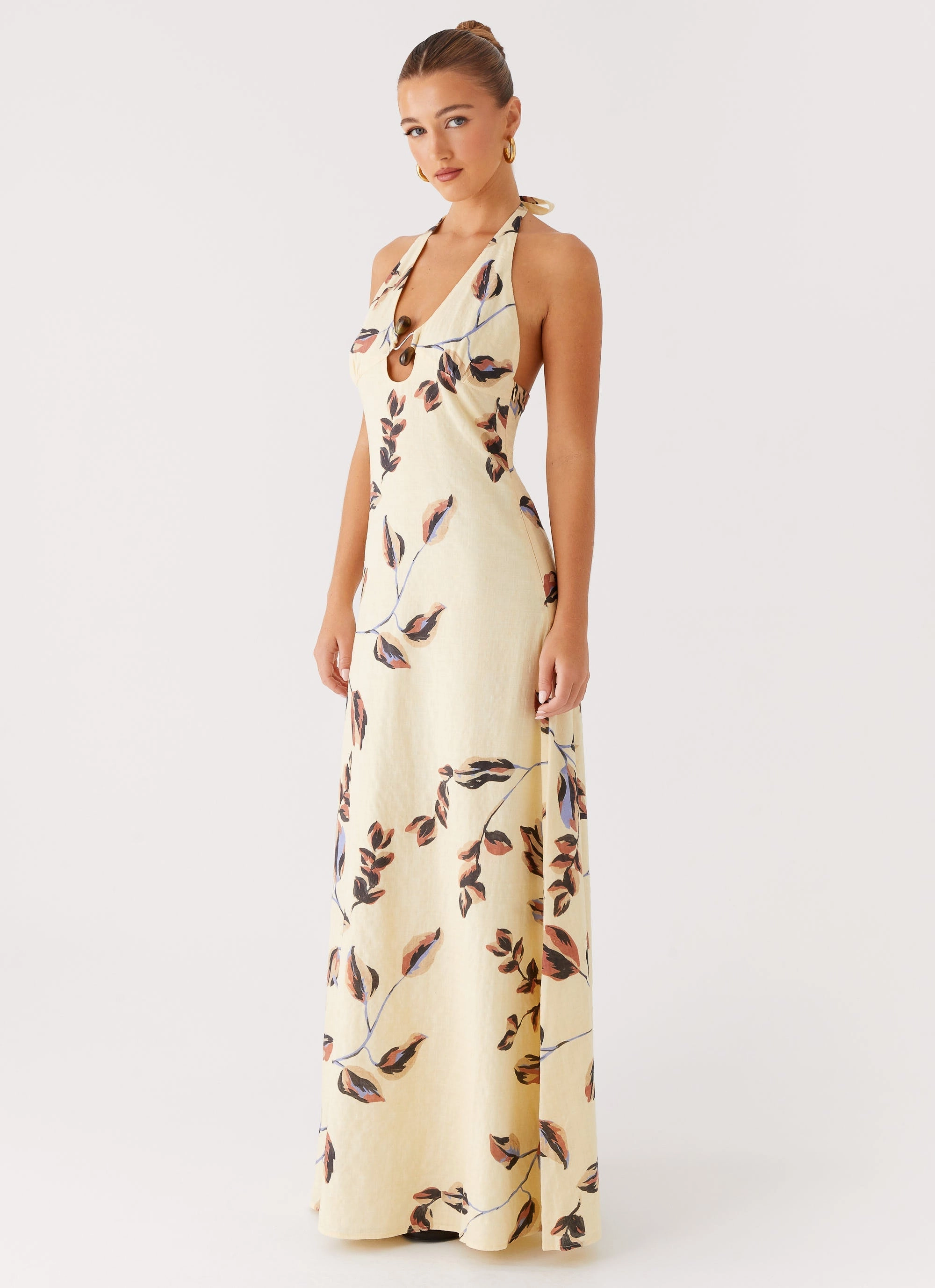 Summer-Season Wide Hemline Elvina Halter Neck Maxi Dress - Buttercream Bliss