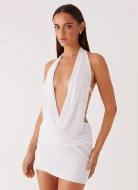 Elysia Chiffon Mini Dress - White Fringe Detail
