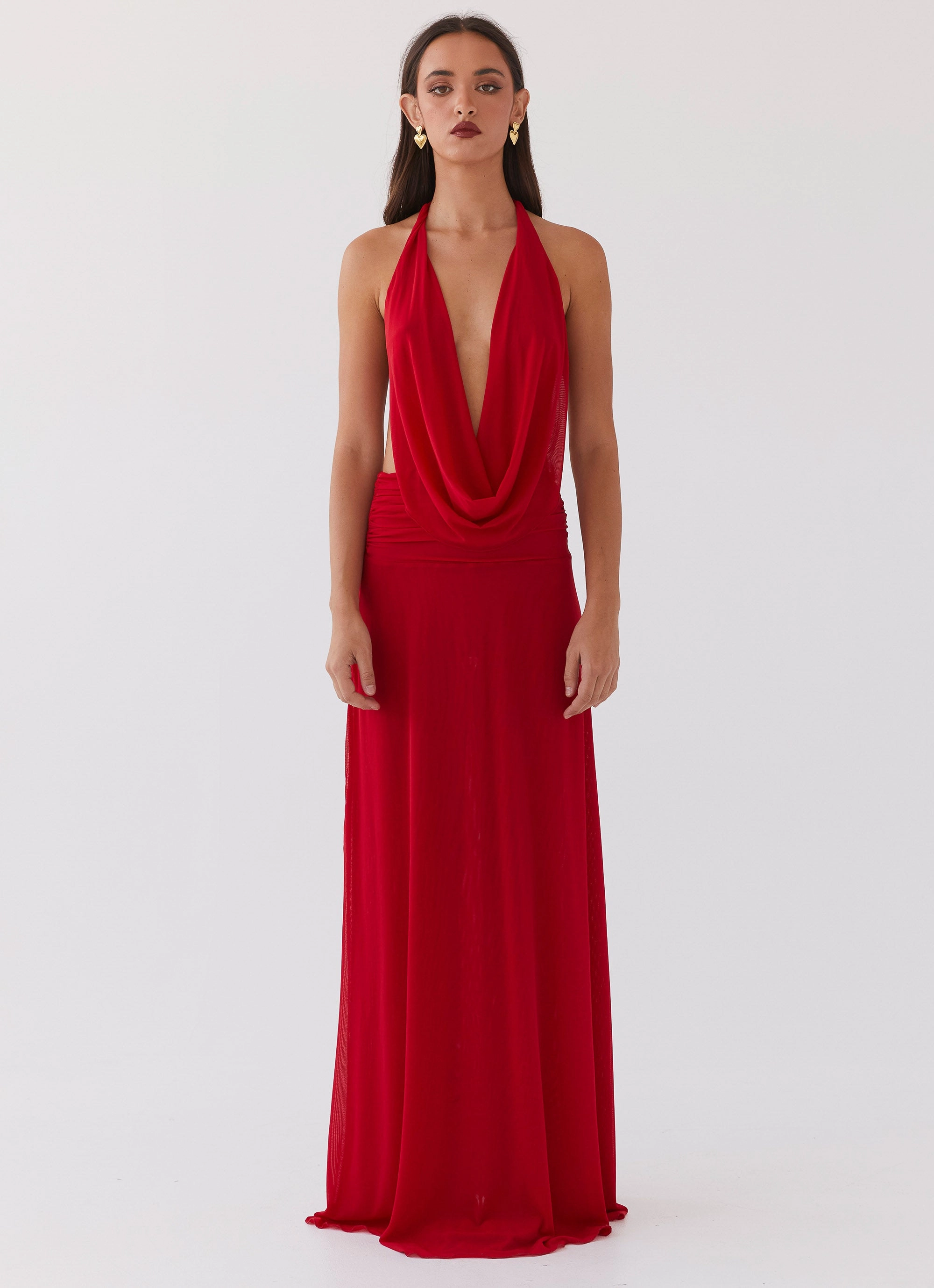 Elysia Mesh Maxi Dress - Cherry Red Easy Drape Chic Everyday Wear