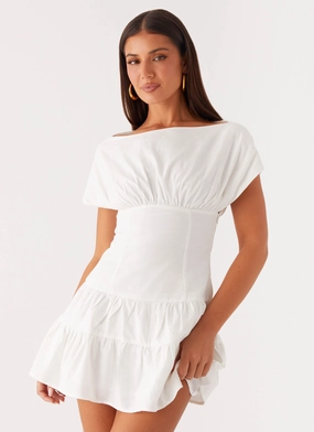 Ember Haze Boat Neck Mini Dress - Off White Glossy-Finish