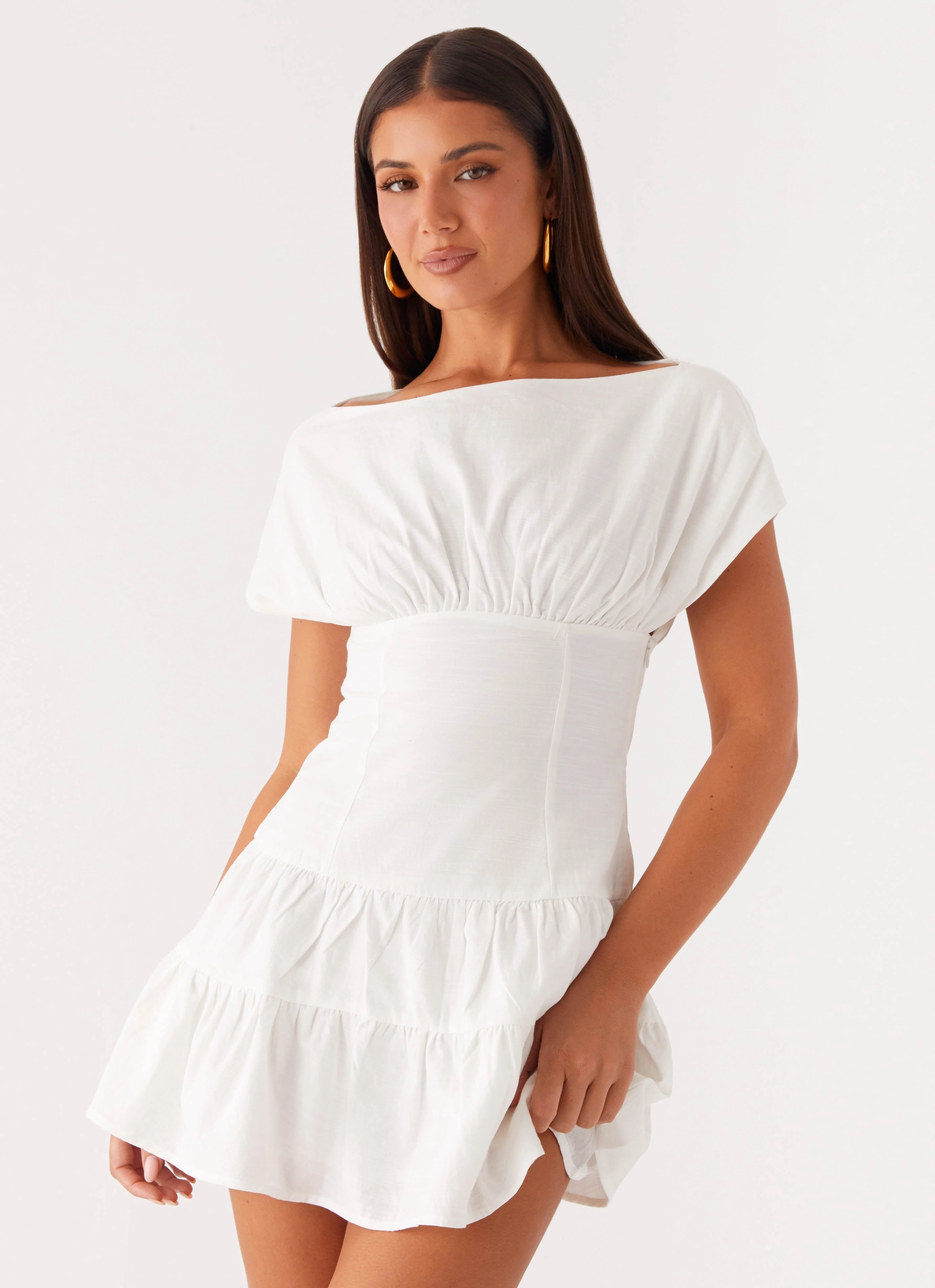 Ember Haze Boat Neck Mini Dress - Off White Glossy-Finish