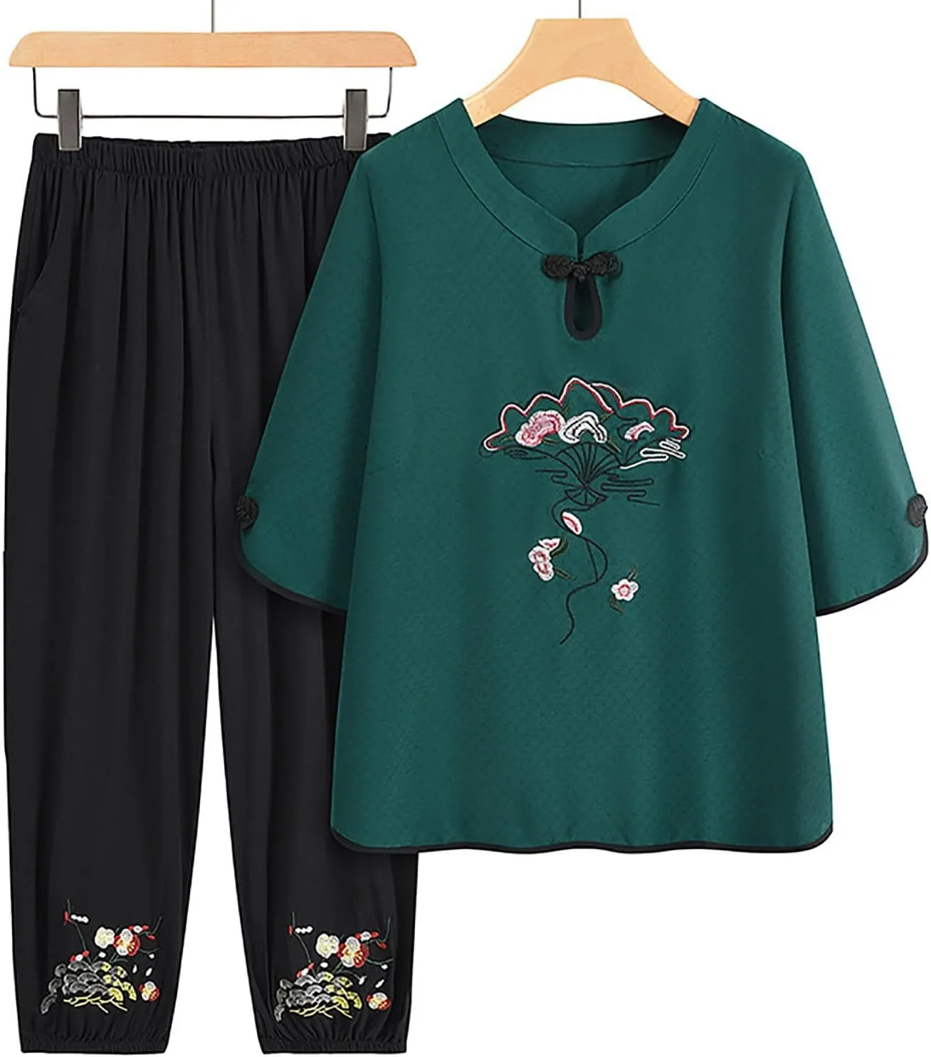 Embroidered Pajamas Set for Women Summer Fashion V Neck Knot and Capri Elastic Lounge Pant 2 Piece Set