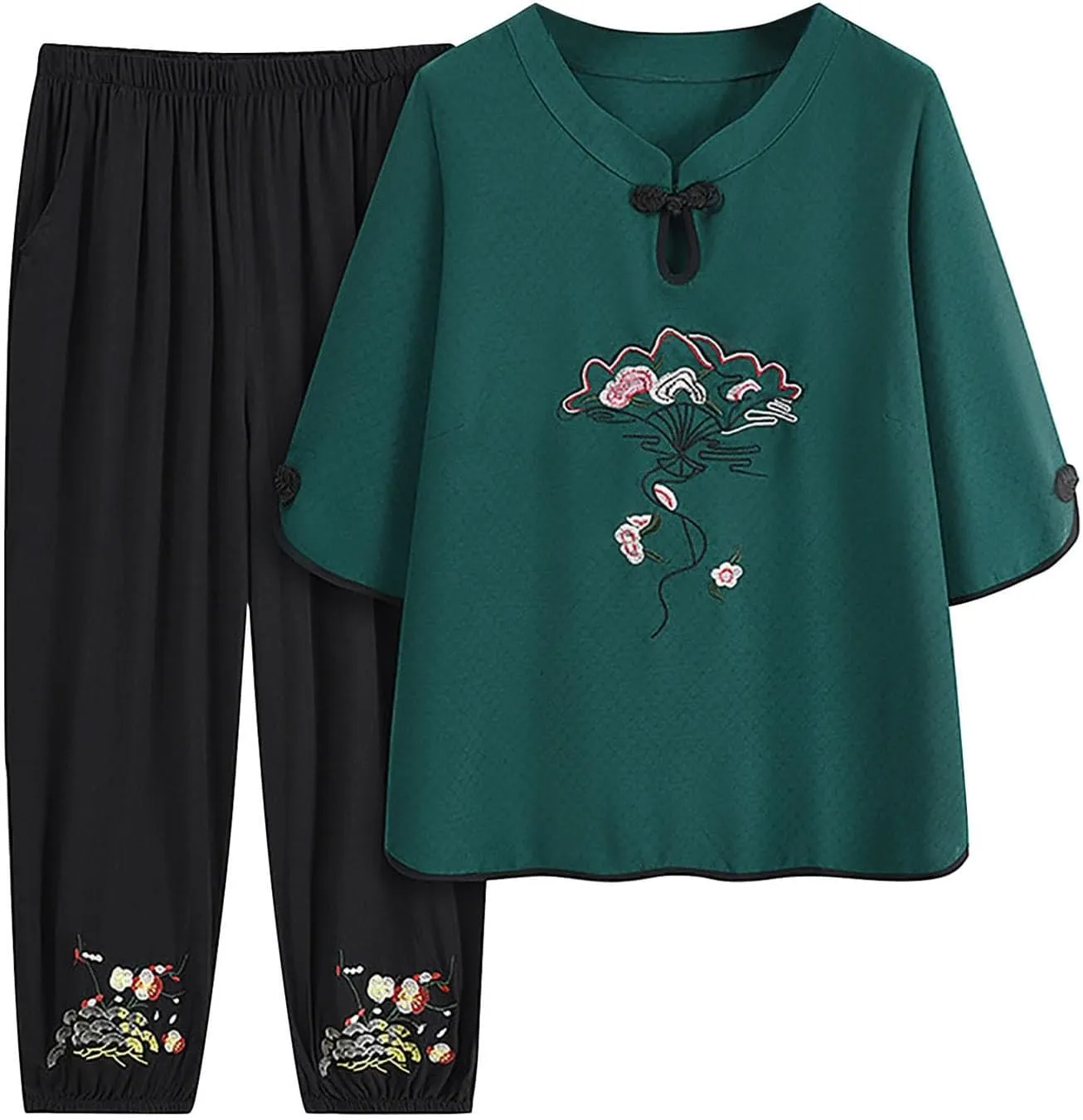 Embroidered Pajamas Set for Women Summer Fashion V Neck Knot and Capri Elastic Lounge Pant 2 Piece Set