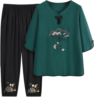 Embroidered Pajamas Set for Women Summer Fashion V Neck Knot and Capri Elastic Lounge Pant 2 Piece Set