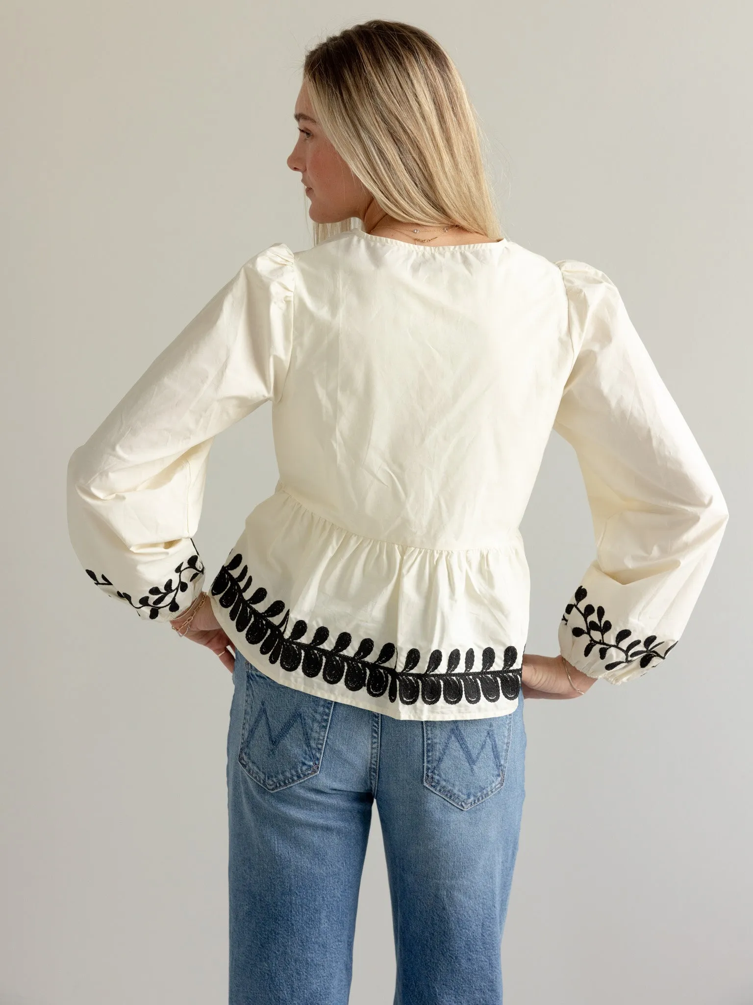 Embroidered Peplum Bow Blouse Reflective Detailing