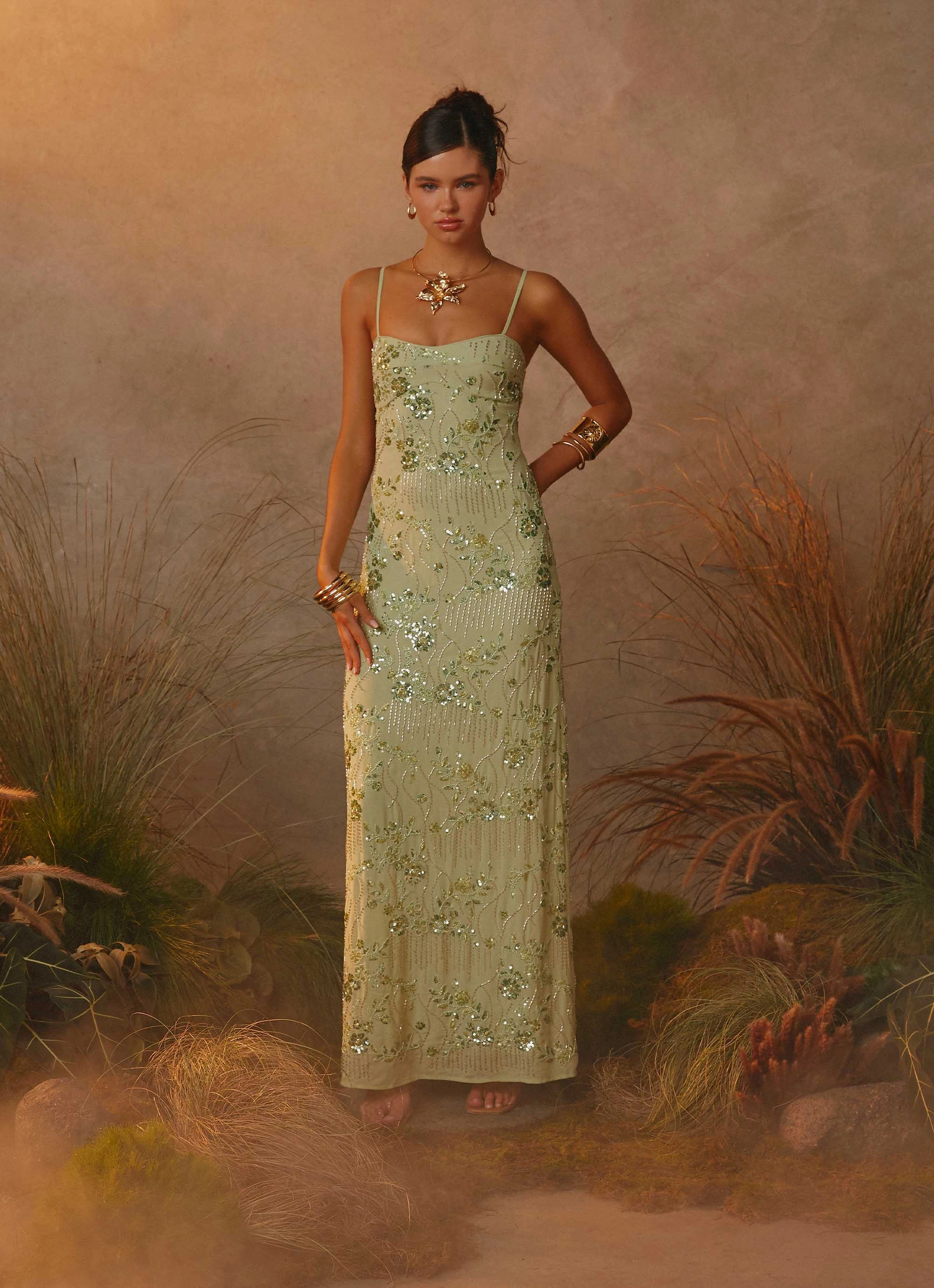 Celandine Beaded Maxi Dress - Lime Bold Elegance Clean Cut