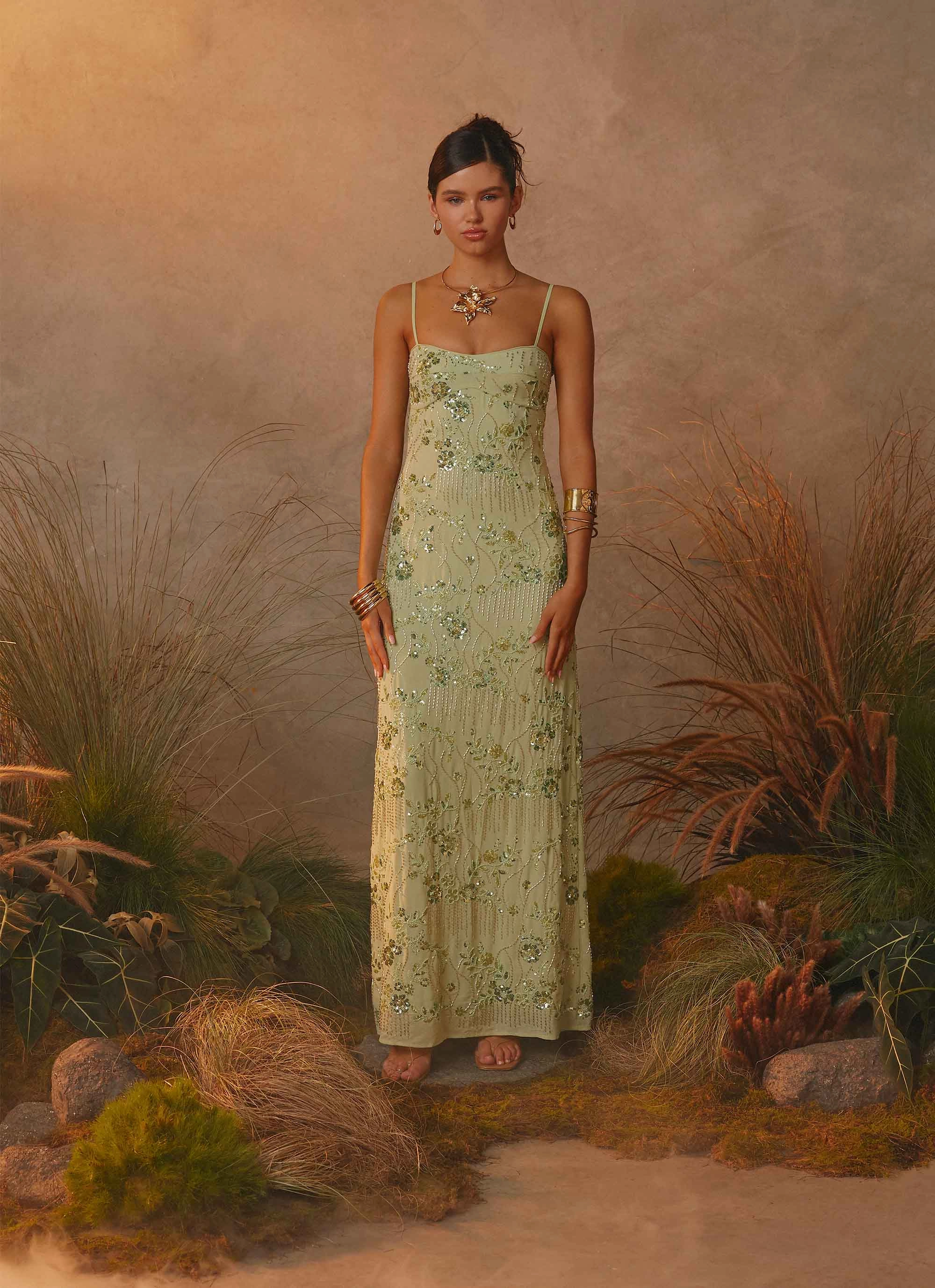 Petite friendly Tailored Comfort Celandine Beaded Maxi Dress - Lime