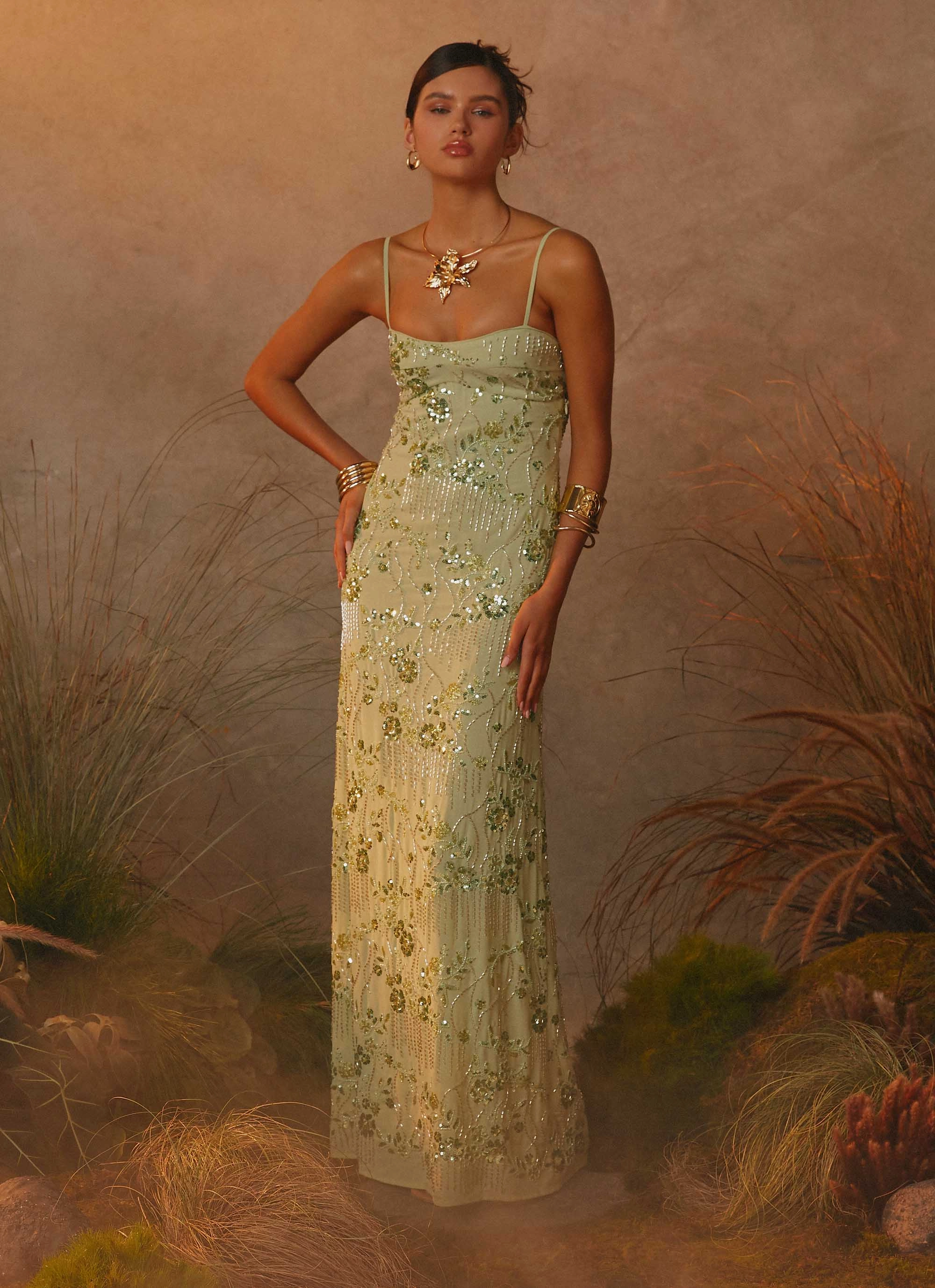 Celandine Beaded Maxi Dress - Lime Travel Light Timeless Cut
