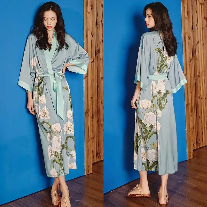 Emersyn Floral Silk Print Kimono Robes