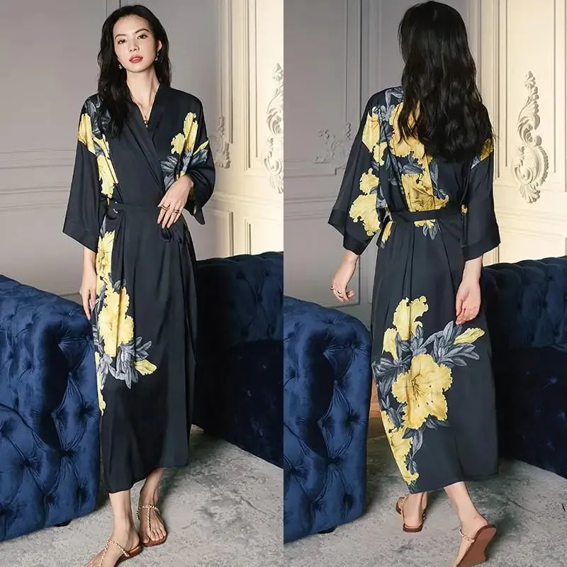 Emersyn Floral Silk Print Kimono Robes