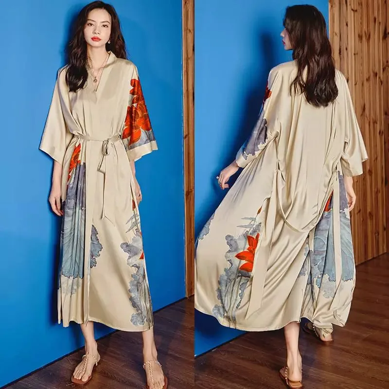 Emersyn Floral Silk Print Kimono Robes