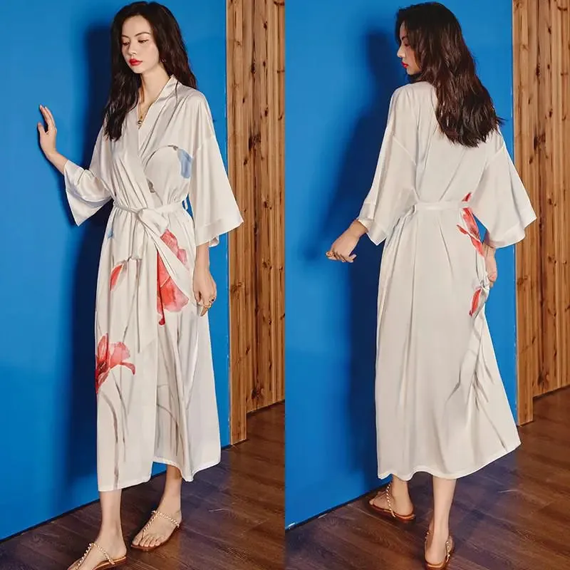 Emersyn Floral Silk Print Kimono Robes
