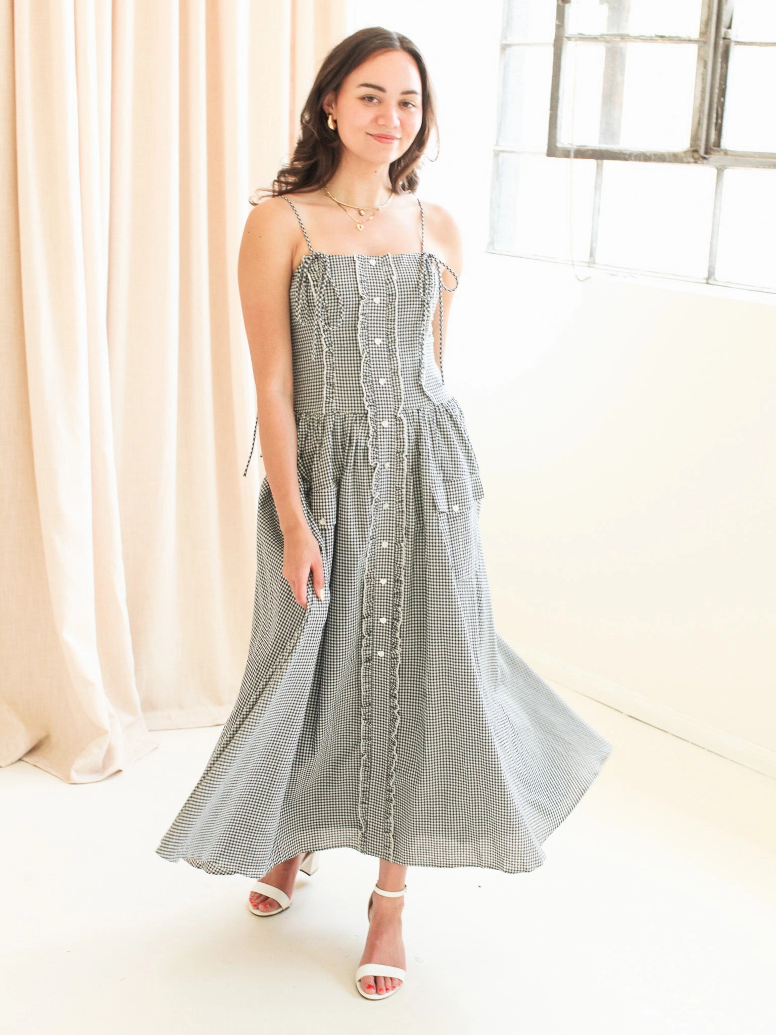 Emery Gingham Midi Dress - Navy Velvet-Sleeve Fashion-Forward