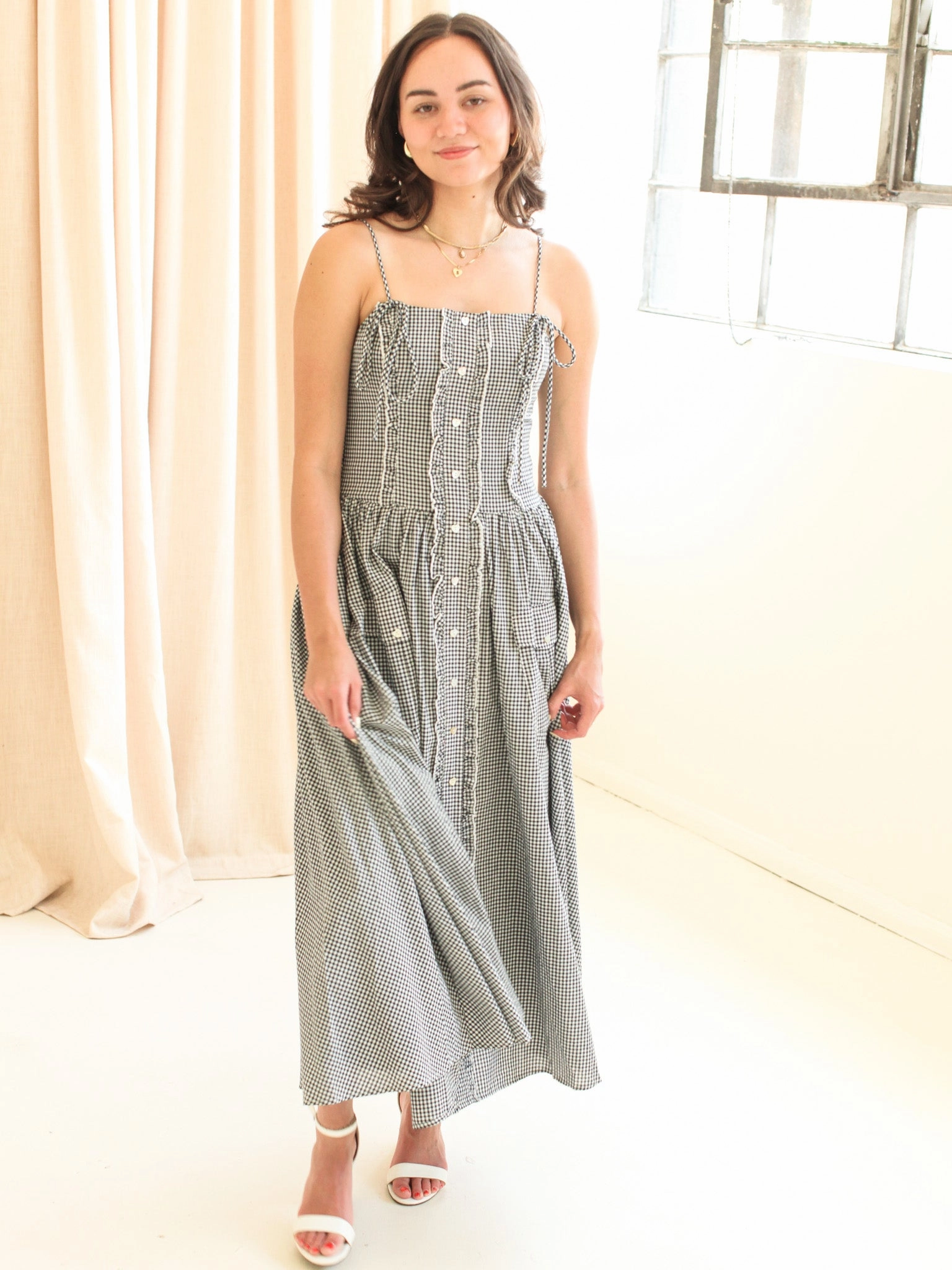 Emery Gingham Midi Dress - Navy Whimsical Mood Pleat Breeze