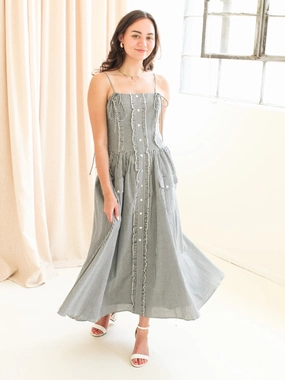 Emery Gingham Midi Dress - Navy Velvet-Sleeve Fashion-Forward