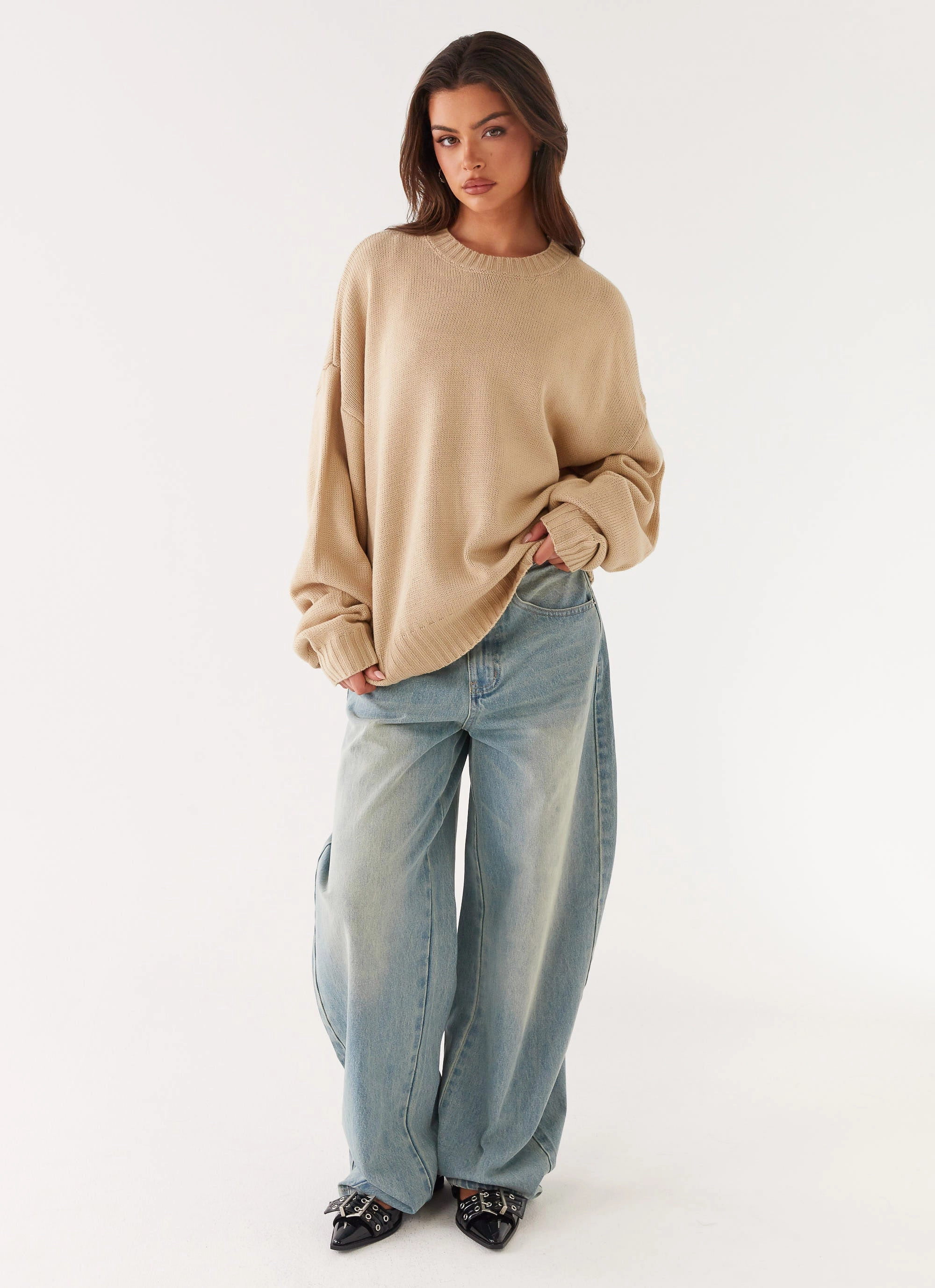 Anti Snag Fabric Seamless Knit Cuffs Emma Oversized Sweater - Beige