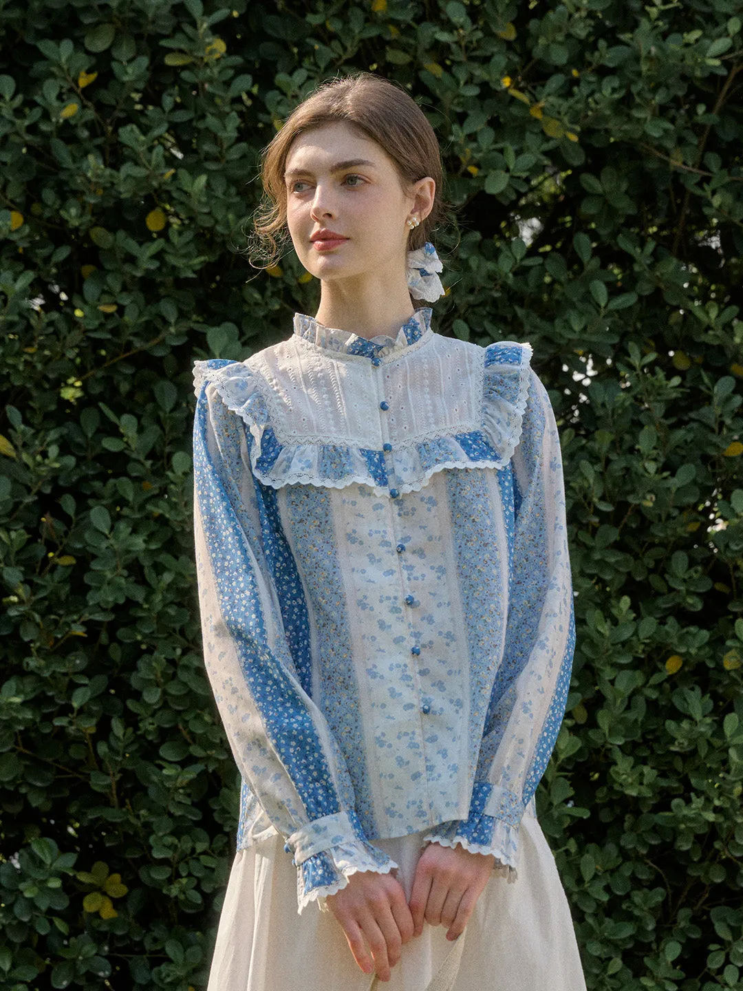 Multi Panel Construction Emmie Trimmed Mock Neck Contrast Lace Floral Print Patchwork Blouse
