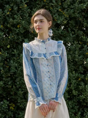 Summer Blouse Emmie Trimmed Mock Neck Contrast Lace Floral Print Patchwork Blouse