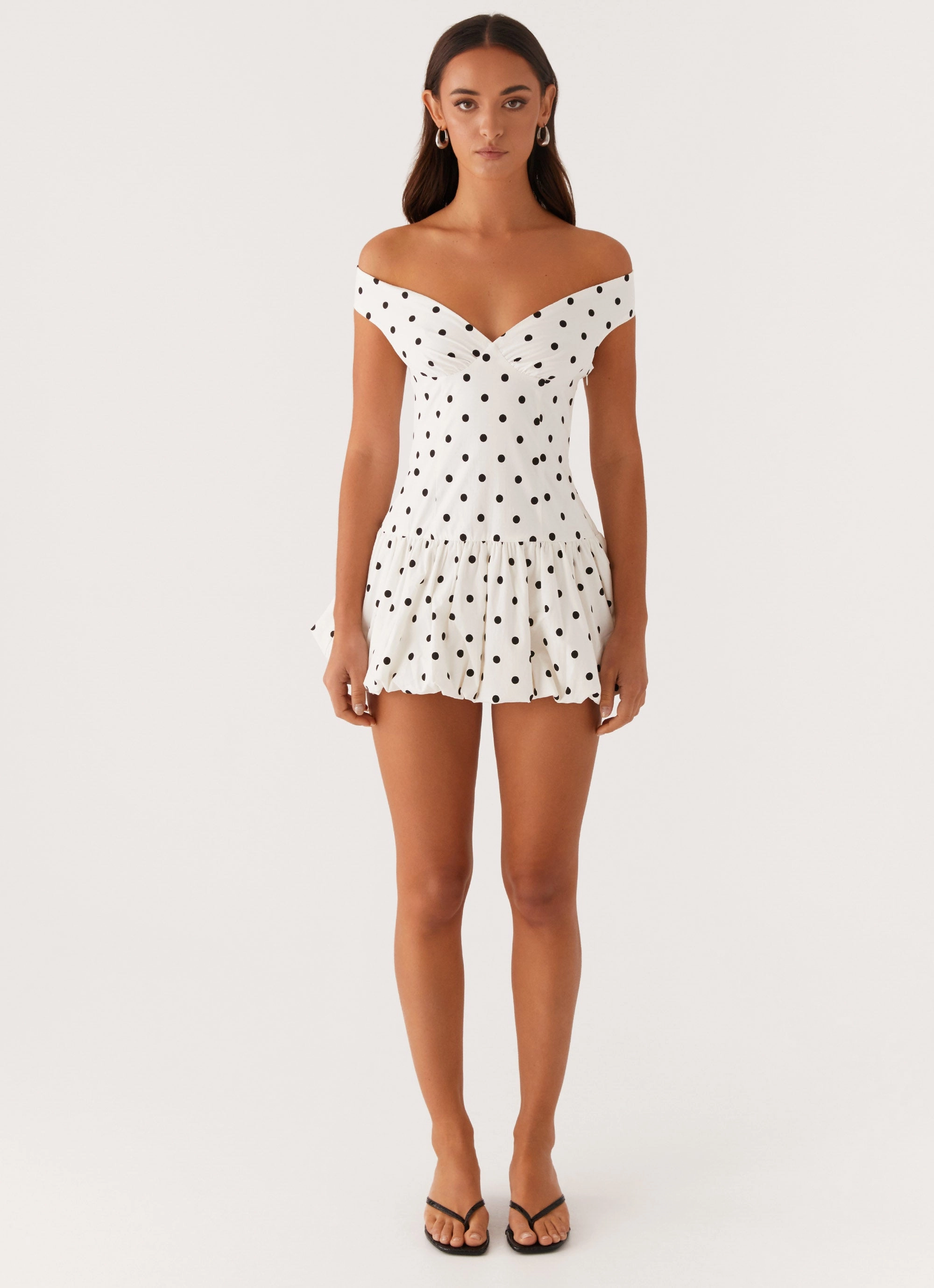 Vibrant Touch Resort Vacation Endless Romance Off Shoulder Mini Dress - White Polka Dot