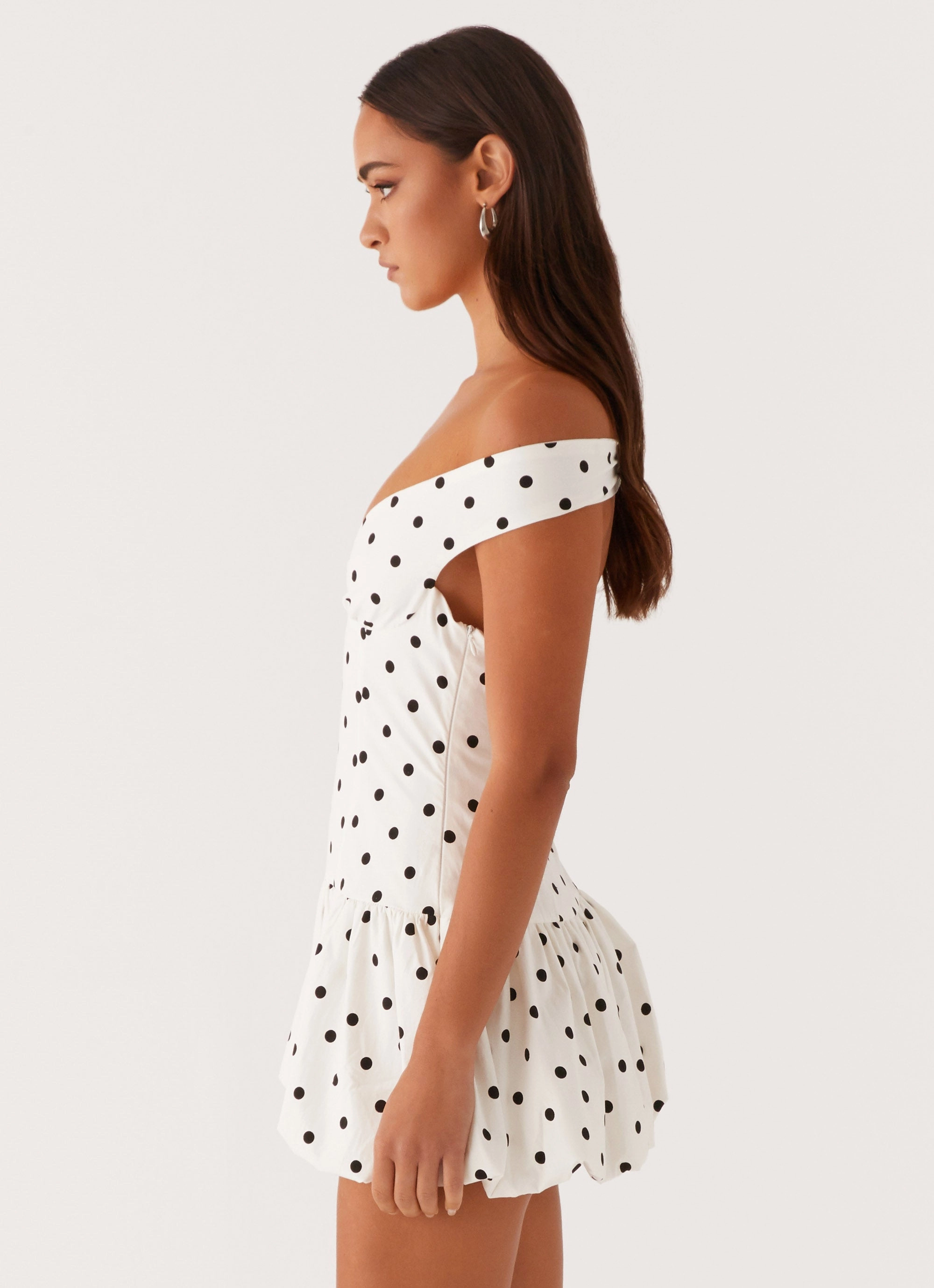 Endless Romance Off Shoulder Mini Dress - White Polka Dot Minimal Design