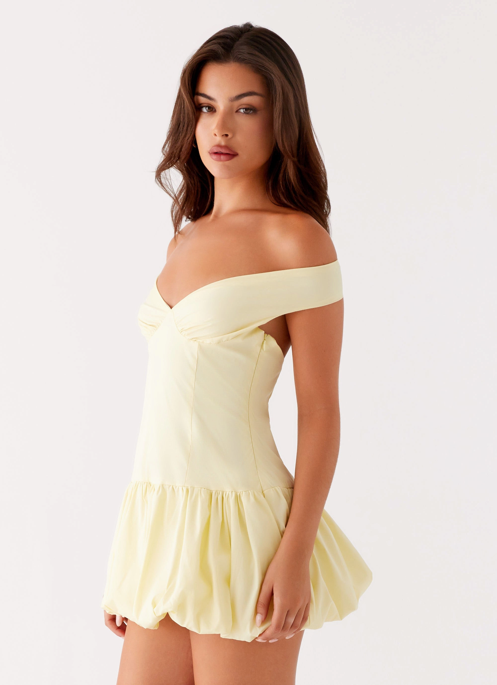 Endless Romance Off Shoulder Mini Dress - Yellow Smooth Look
