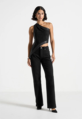 All Round Wear Textured Loose Luxury Kalie - Suede Boyfriend Jeans - Black