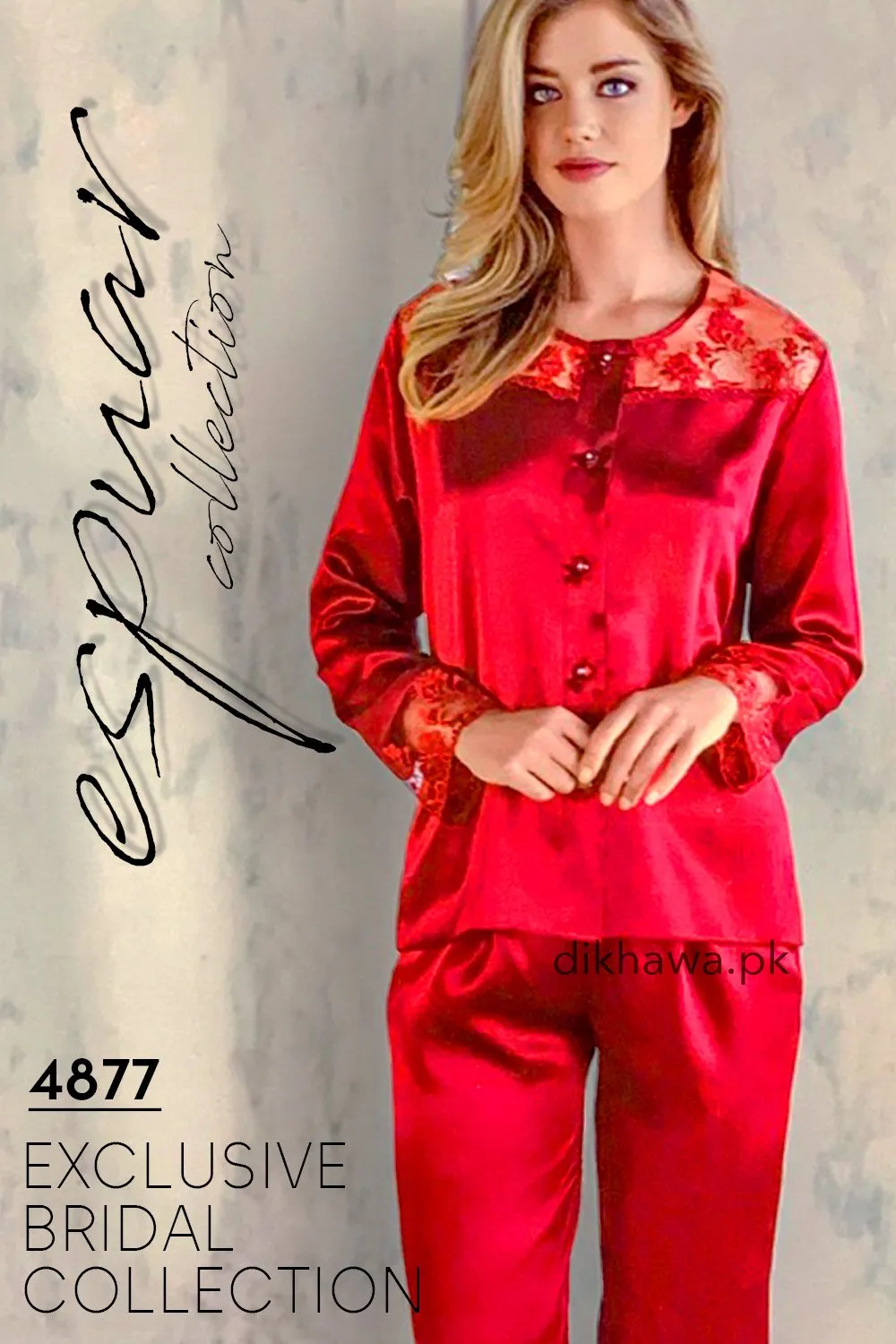 Espuar - Exclusive Bridal Wedding Honeymoon 2Pc Nightdress & Pajama Set Maroon 4877 - Turkish Brand