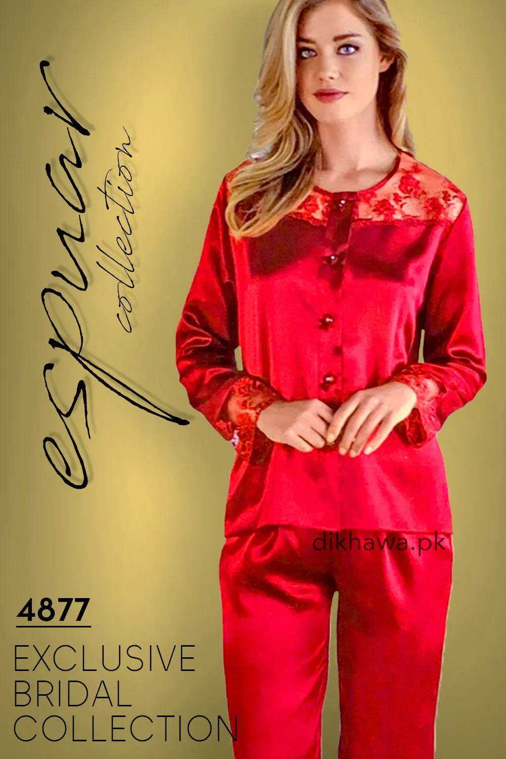 Espuar - Exclusive Bridal Wedding Honeymoon 2Pc Nightdress & Pajama Set Maroon 4877 - Turkish Brand