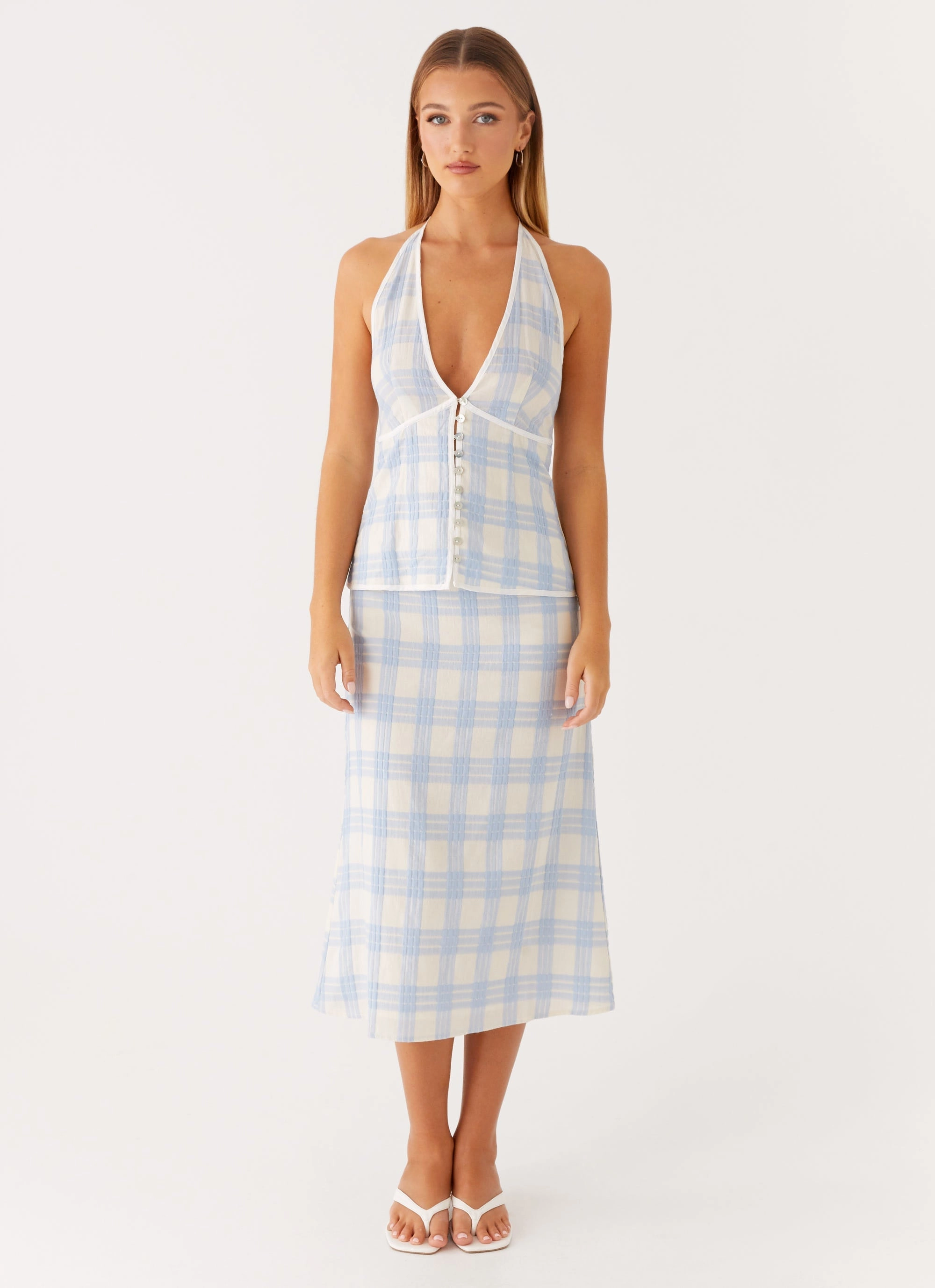 Esther Top - Blue Check Seersucker Thermal Regulating Design NonIrritatingEdges