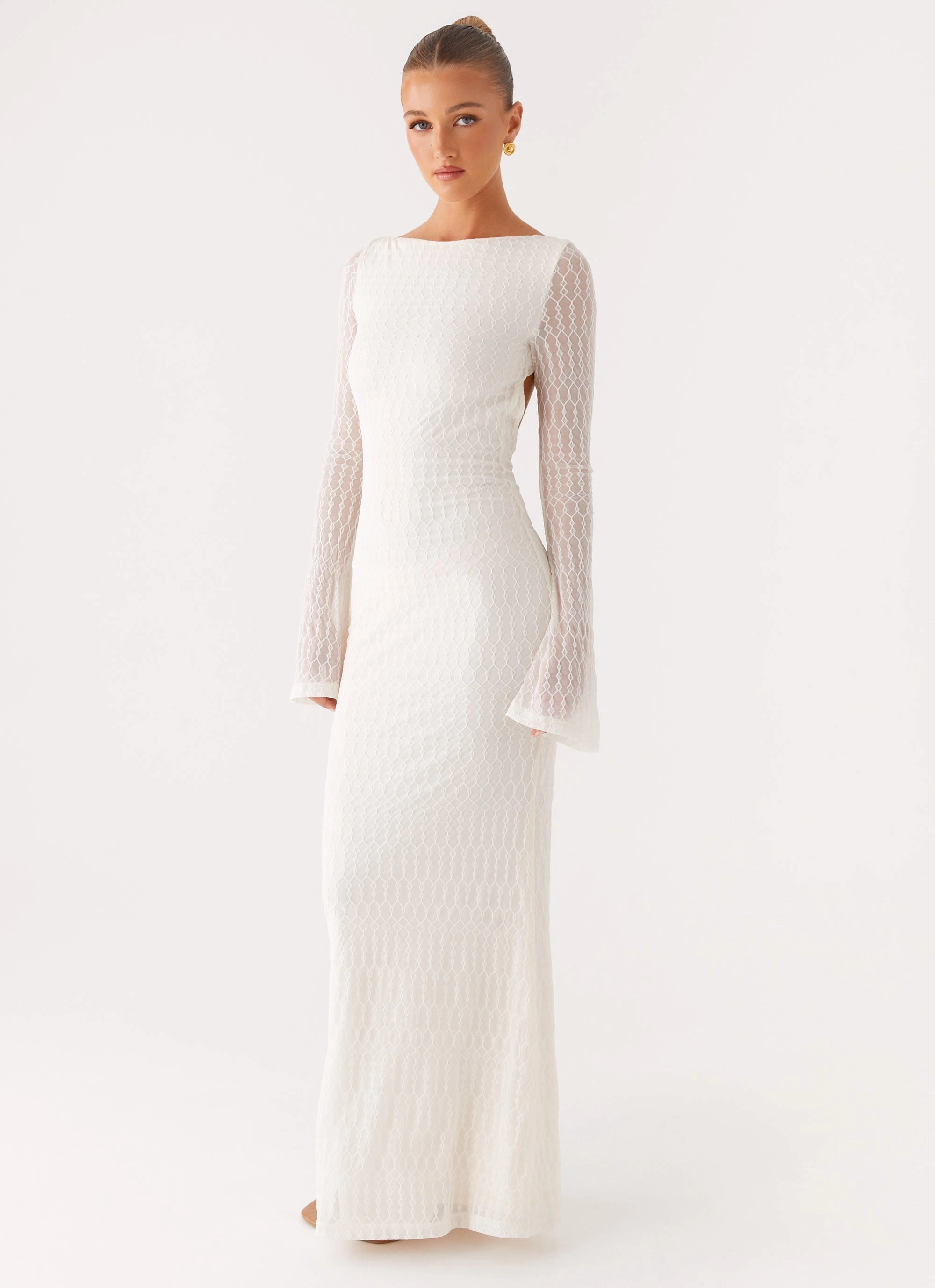 ContrastStitching Tulle Air Ethereal Long Sleeve Maxi Dress - Ivory