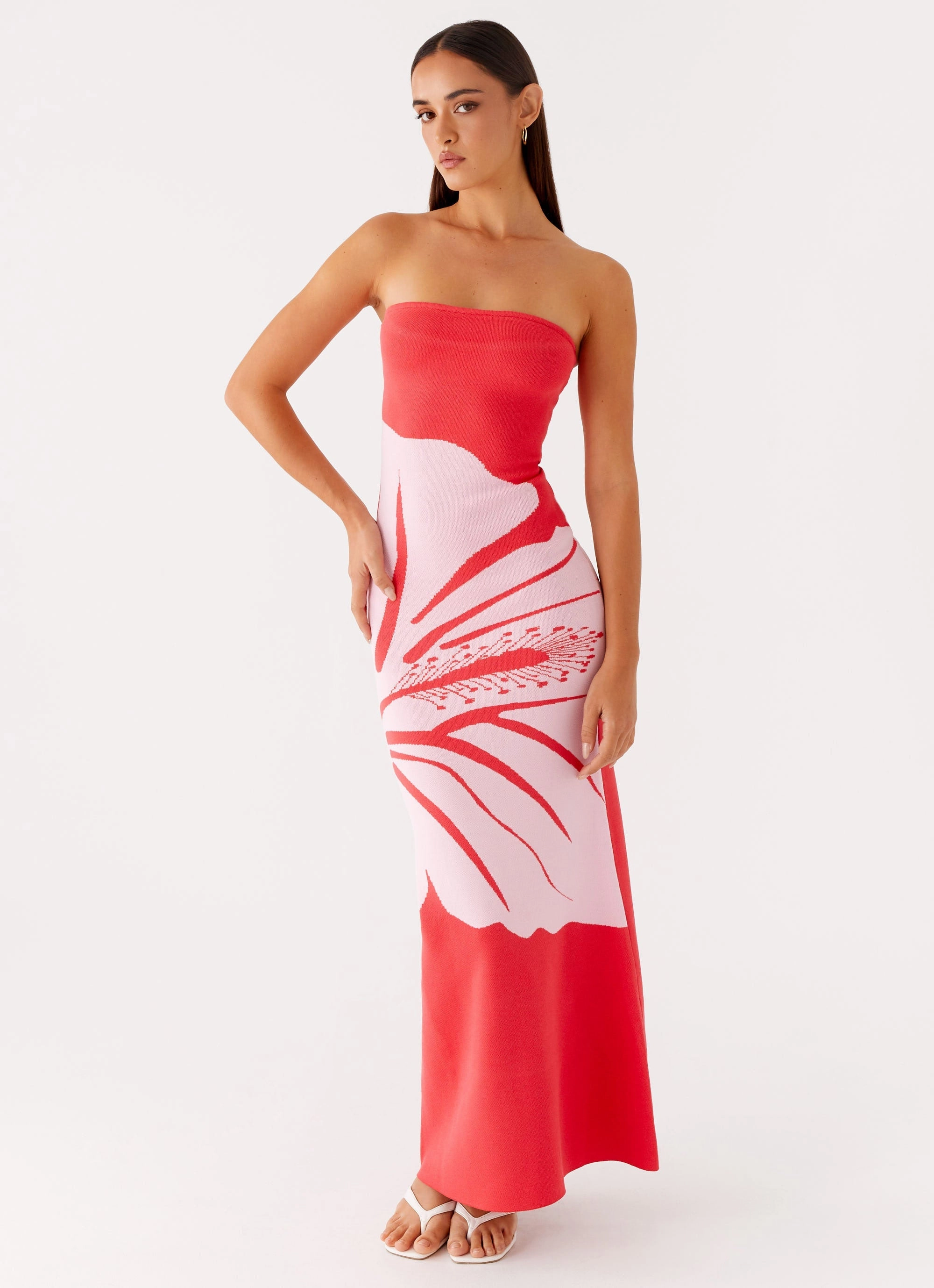 Jala Strapless Knit Maxi Dress - Red Floral Romantic Hour