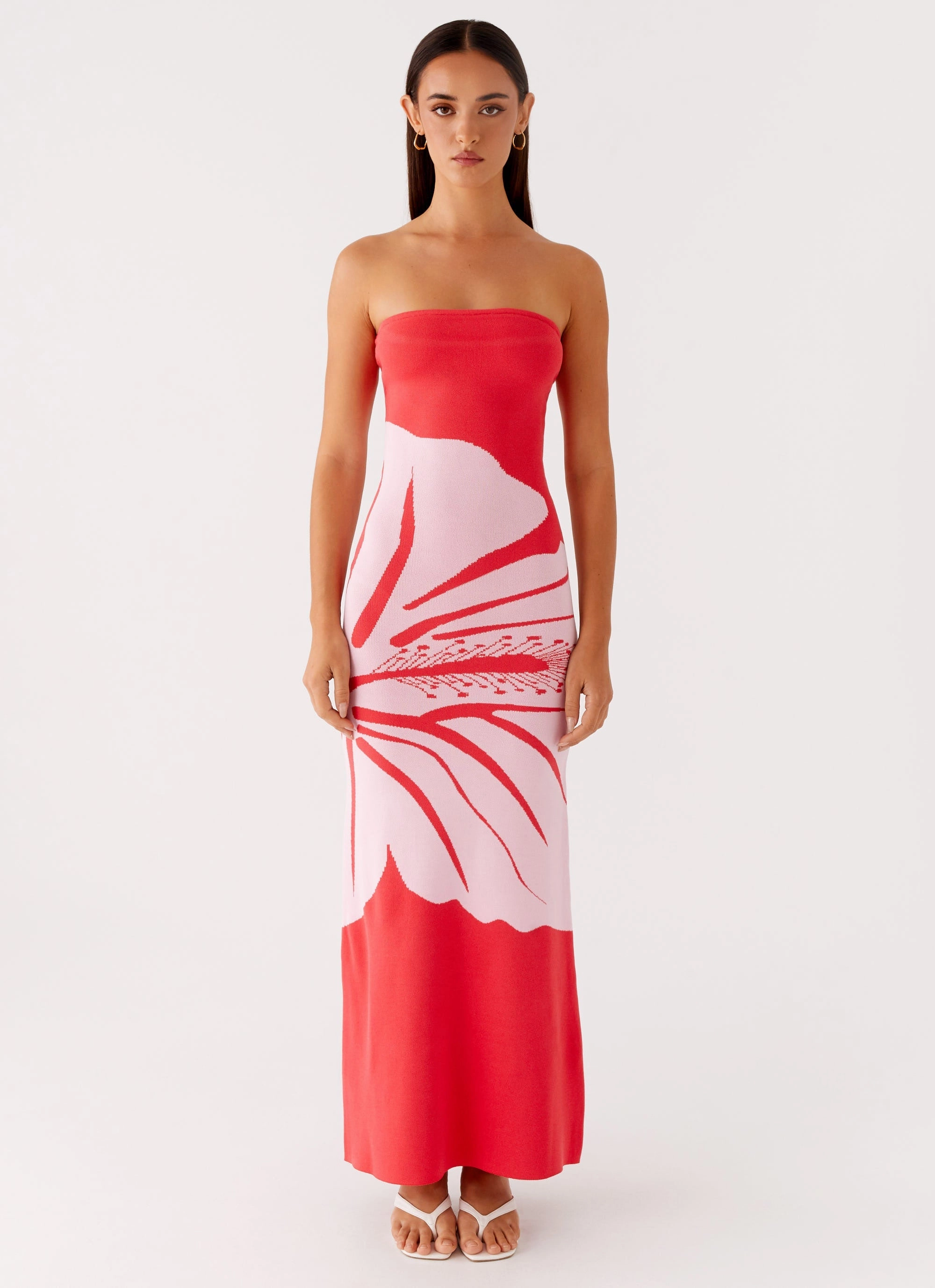 Shine Dressy Jala Strapless Knit Maxi Dress - Red Floral