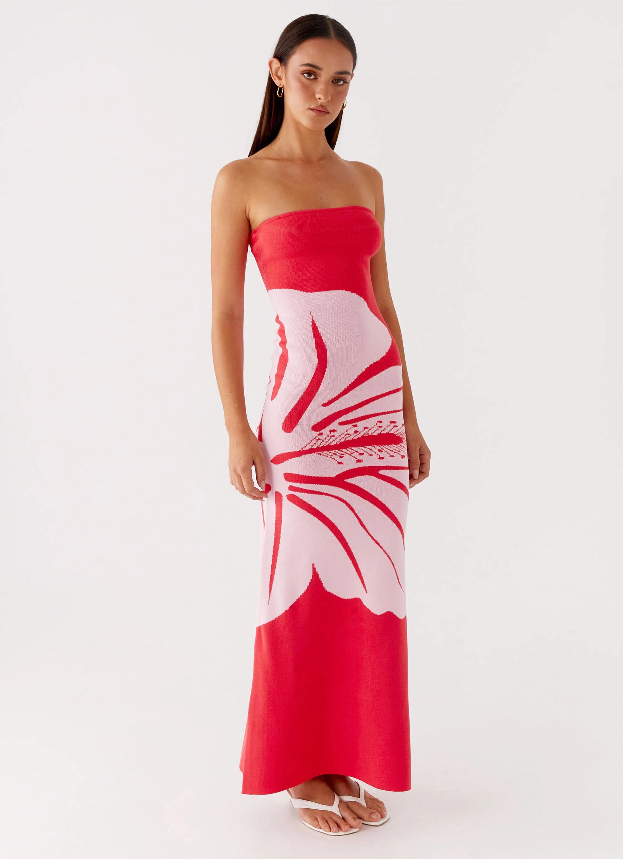 Jala Strapless Knit Maxi Dress - Red Floral Gentle Stitch Classic structured dress