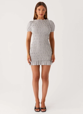 Millicent Ruched Mini Dress - Grey Check Calm Lines Easy Comfort