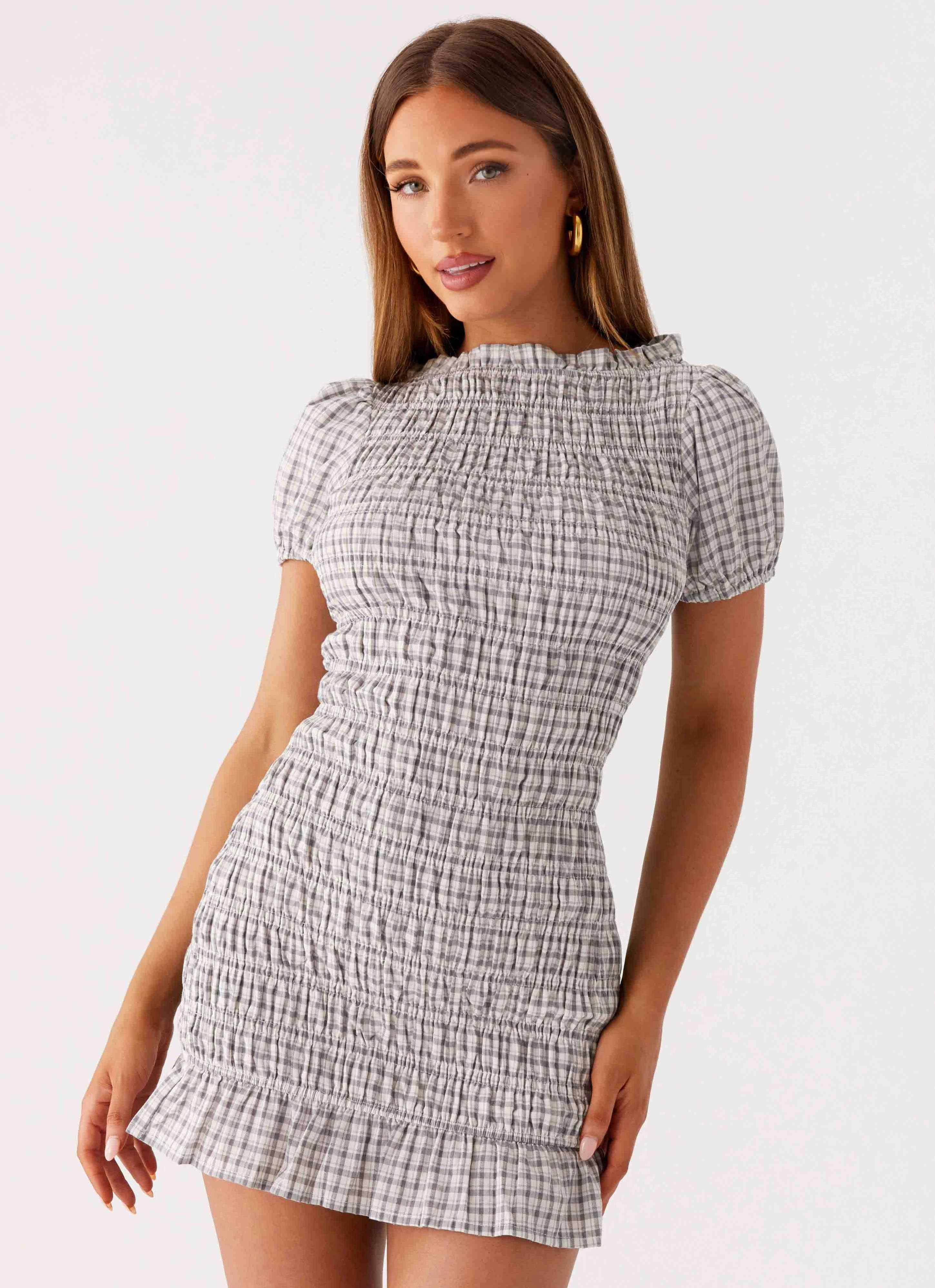 Sophisticated Vibe Millicent Ruched Mini Dress - Grey Check