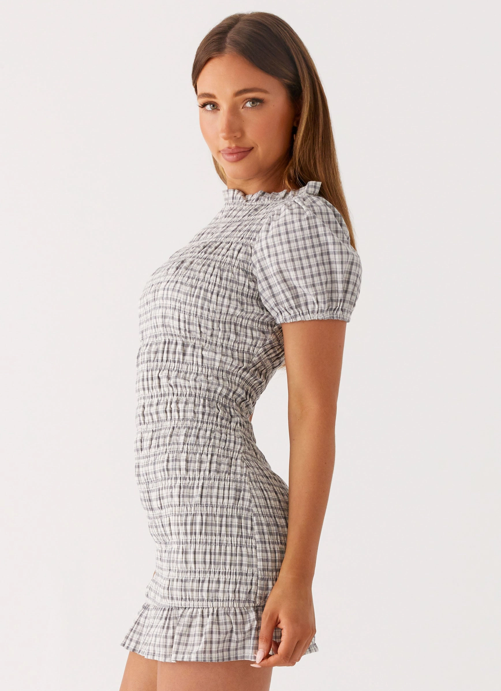 Millicent Ruched Mini Dress - Grey Check Layering-Piece Mood Booster