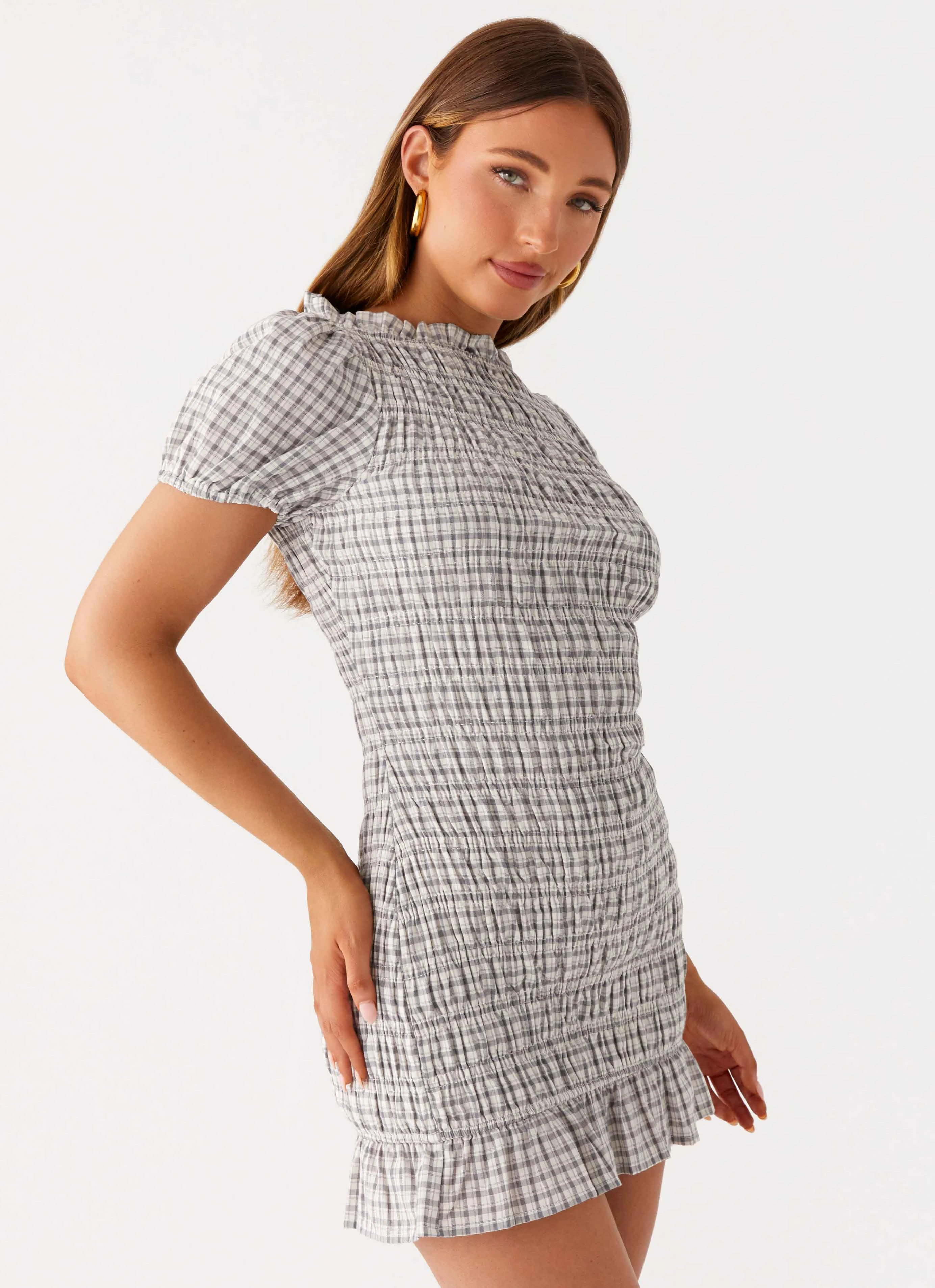 Sheer Overlay Millicent Ruched Mini Dress - Grey Check
