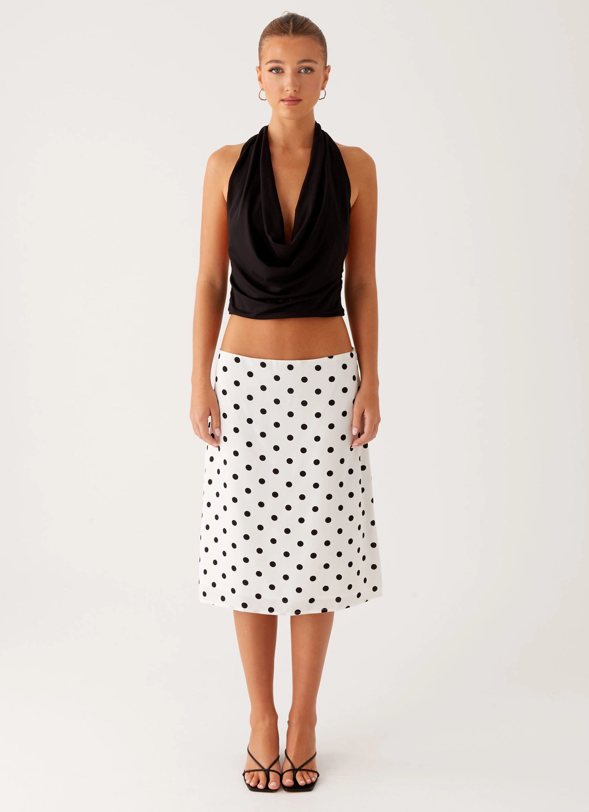 Evoke Chiffon Midi Skirt - White Polka Dot Runway Inspired