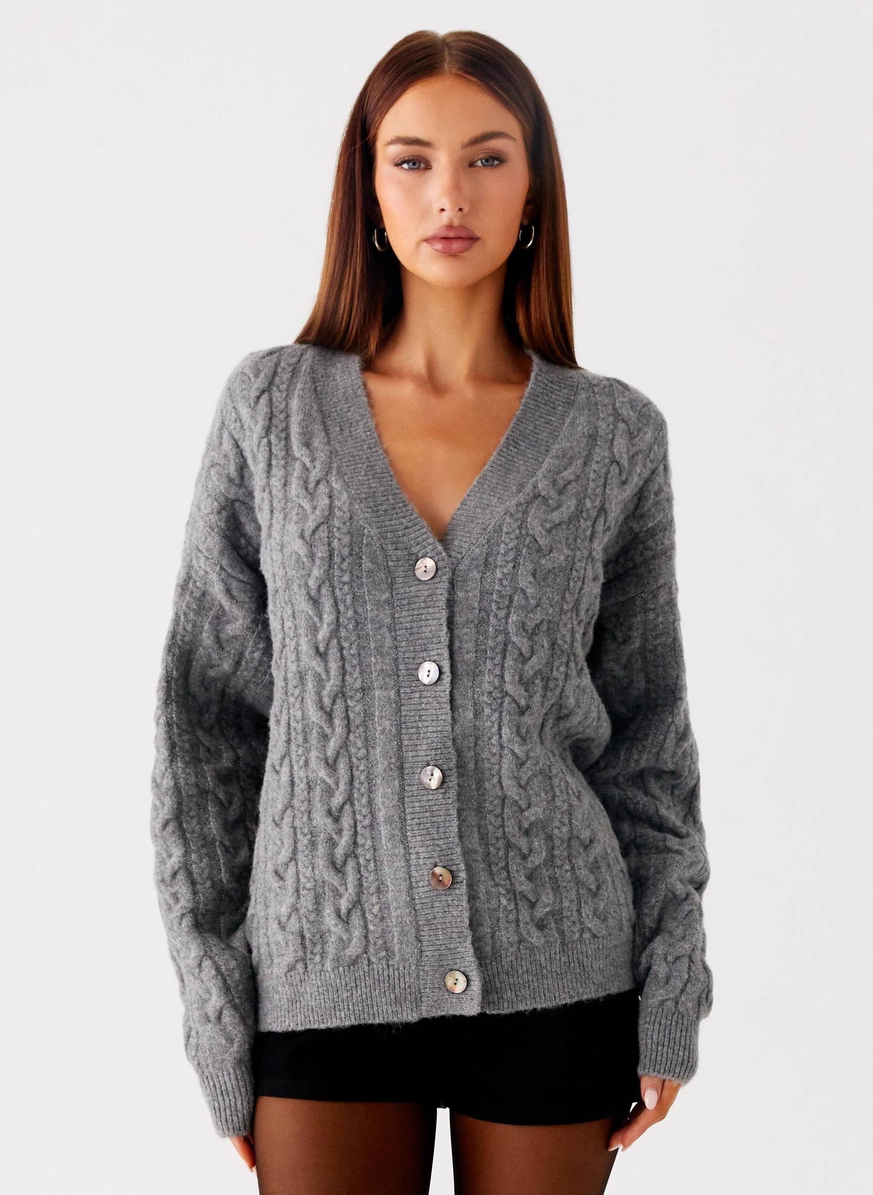 Frawley Cable Knit Cardigan - Grey SnapFastenings