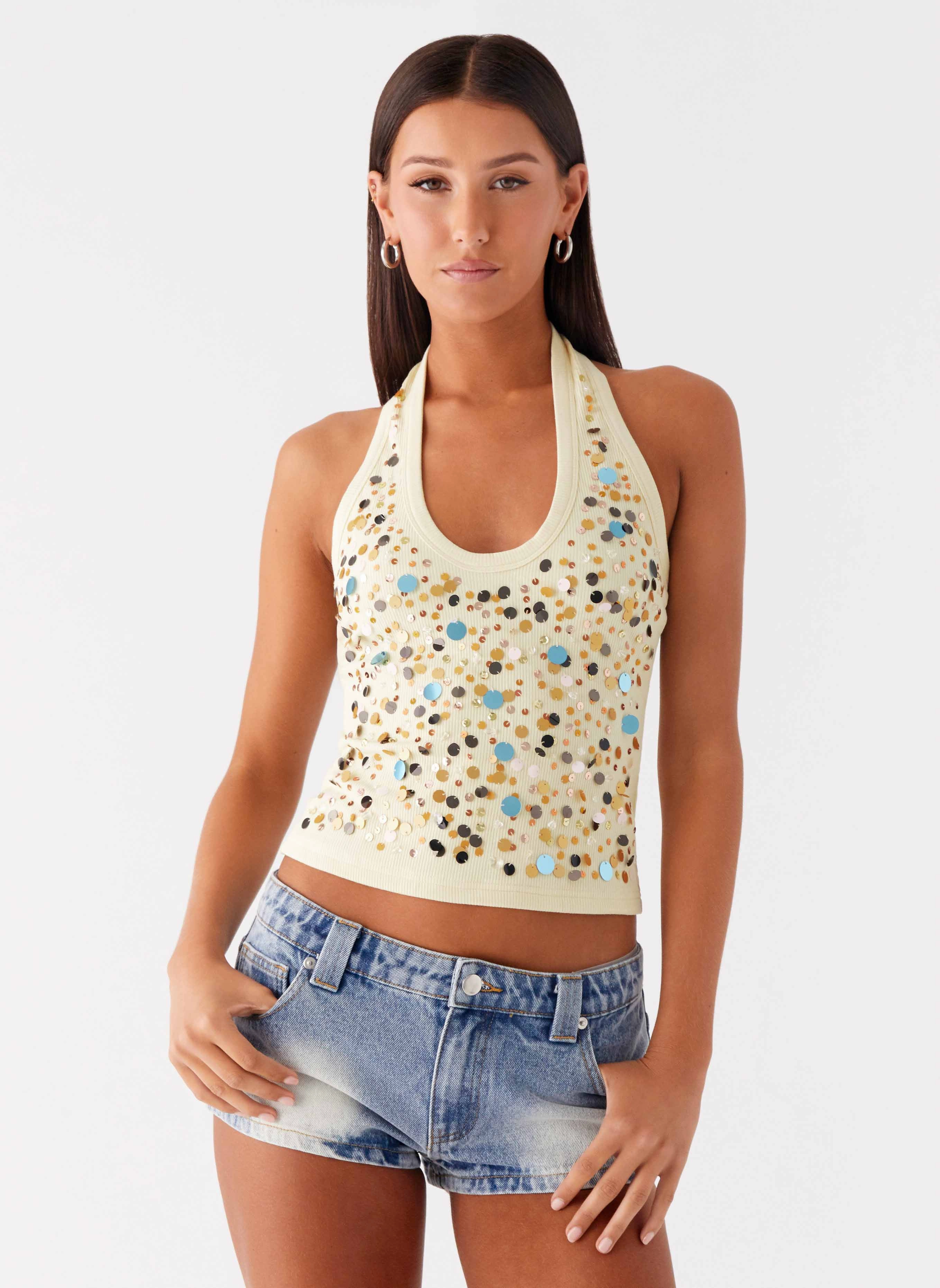 Convertible Sleeve Adaptation Eye Contact Sequin Halter Top - Yellow