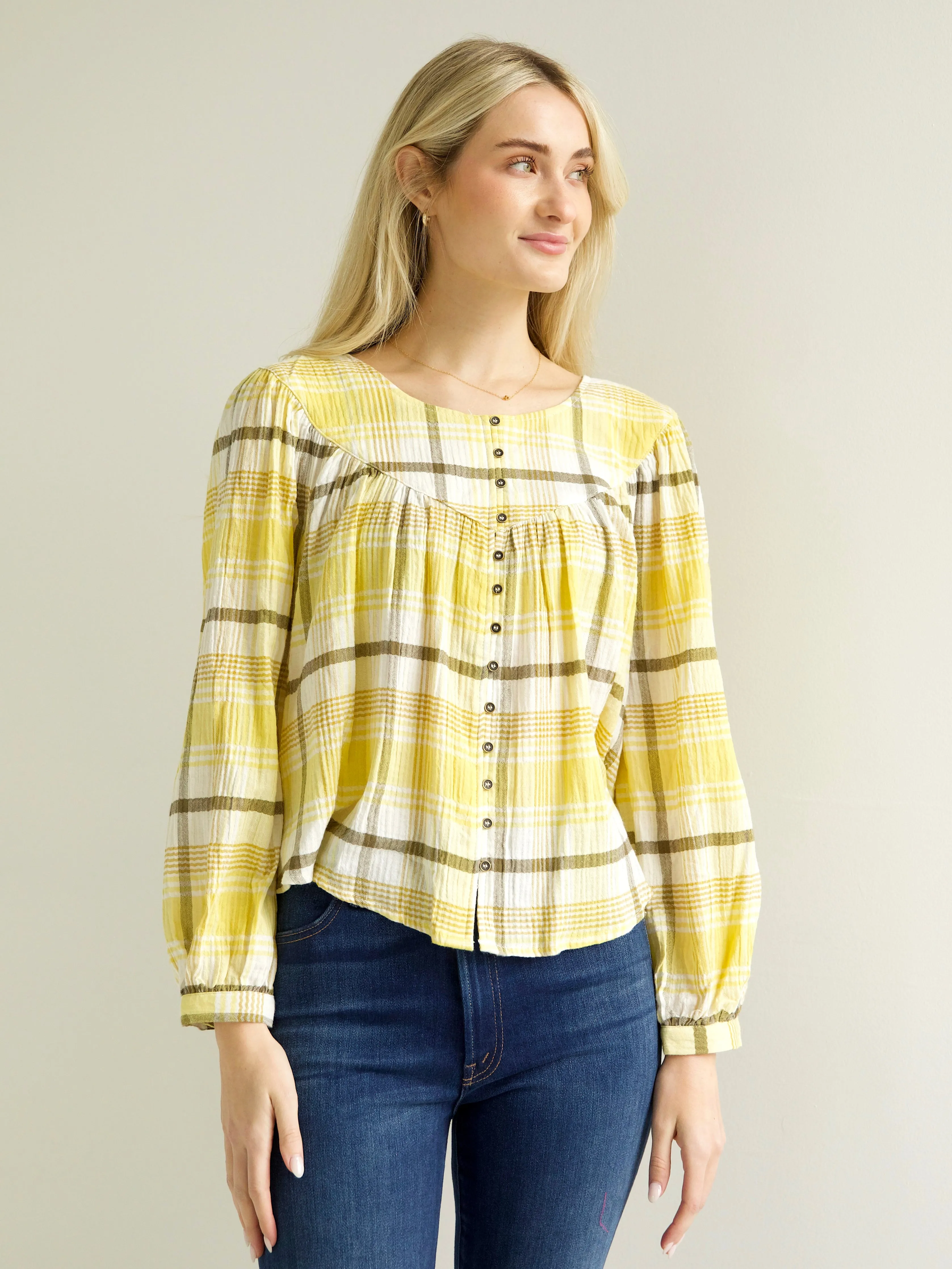ButtonlessClosure Stretch Weave Construction Felicity Plaid Blouse