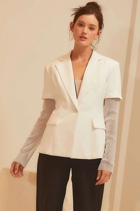 Embellished Fishnet Blazer - White Articulated Sleeves