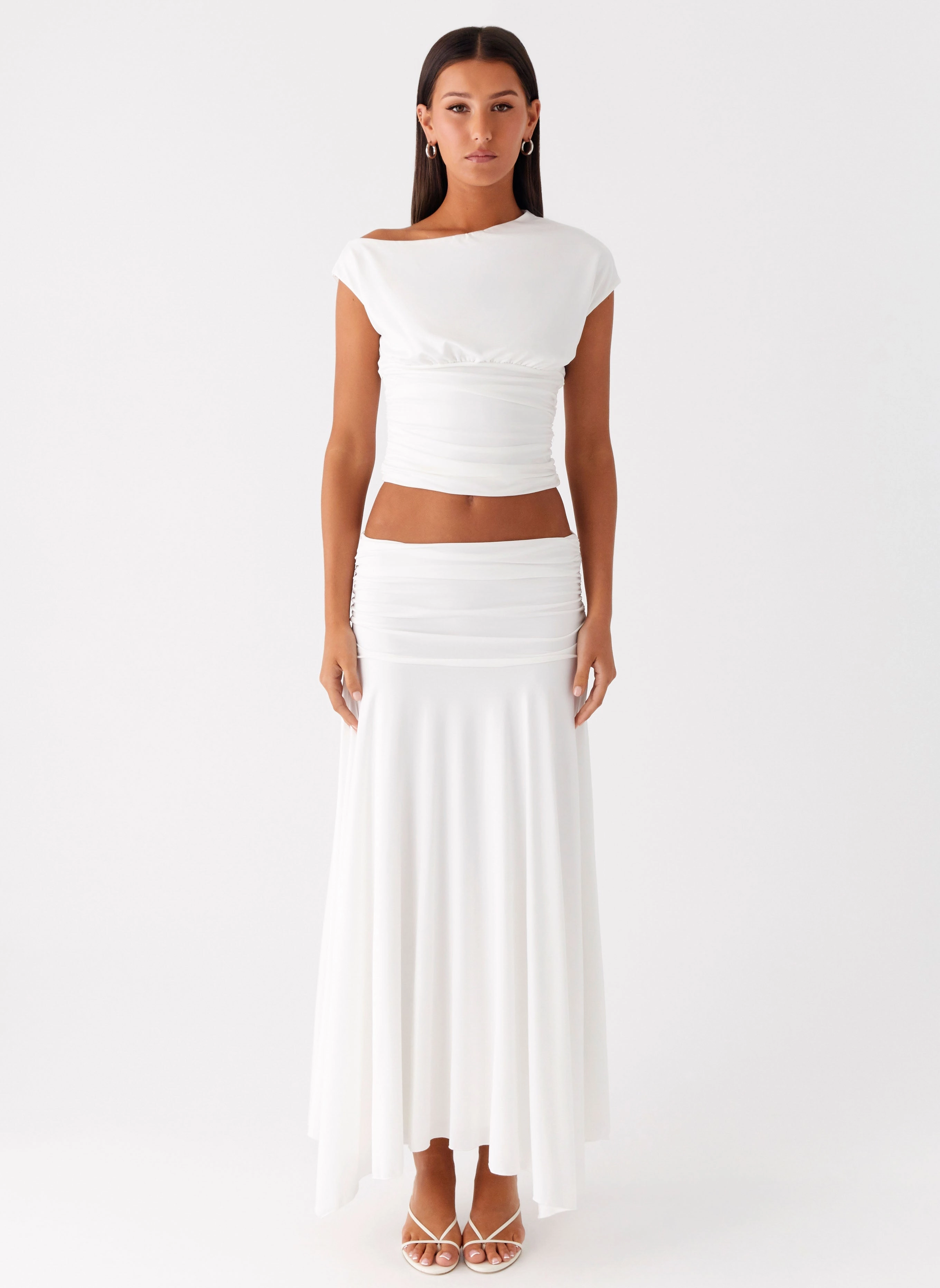 Two Tone Texture Effect Liana Asymmetrical Top - White