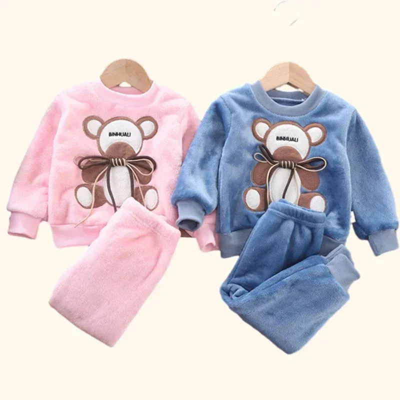 Fall Winter Children Clothing Baby Pajamas Set Thick Flannel Fleece Child Sleepwear 2Pcs Sets Warm Home Suits
