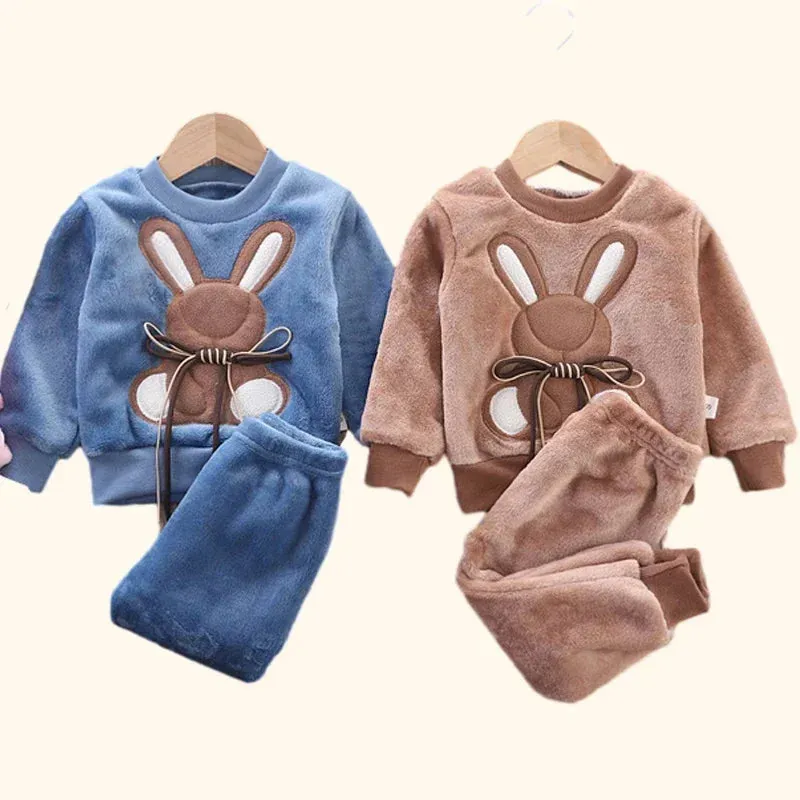 Fall Winter Children Clothing Baby Pajamas Set Thick Flannel Fleece Child Sleepwear 2Pcs Sets Warm Home Suits