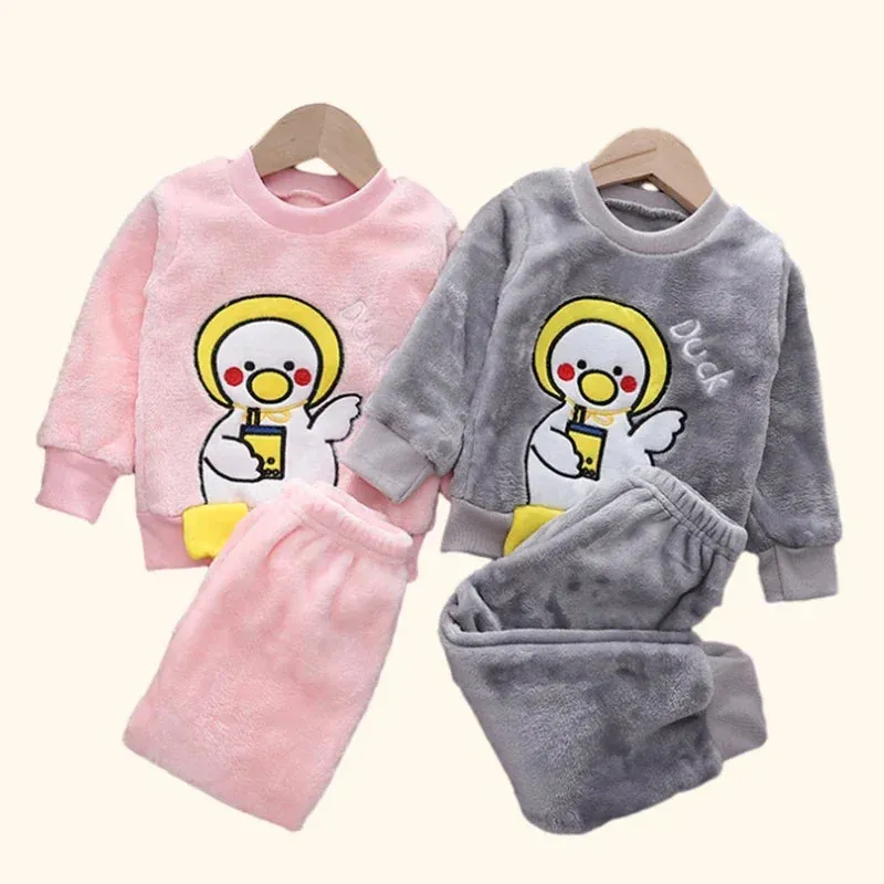 Fall Winter Children Clothing Baby Pajamas Set Thick Flannel Fleece Child Sleepwear 2Pcs Sets Warm Home Suits
