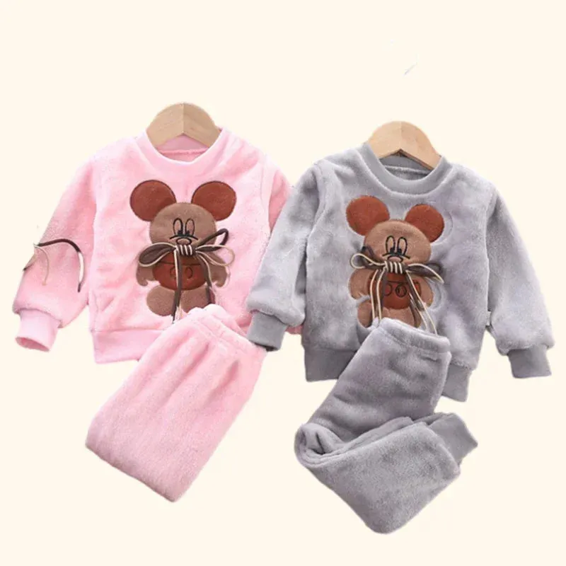 Fall Winter Children Clothing Baby Pajamas Set Thick Flannel Fleece Child Sleepwear 2Pcs Sets Warm Home Suits