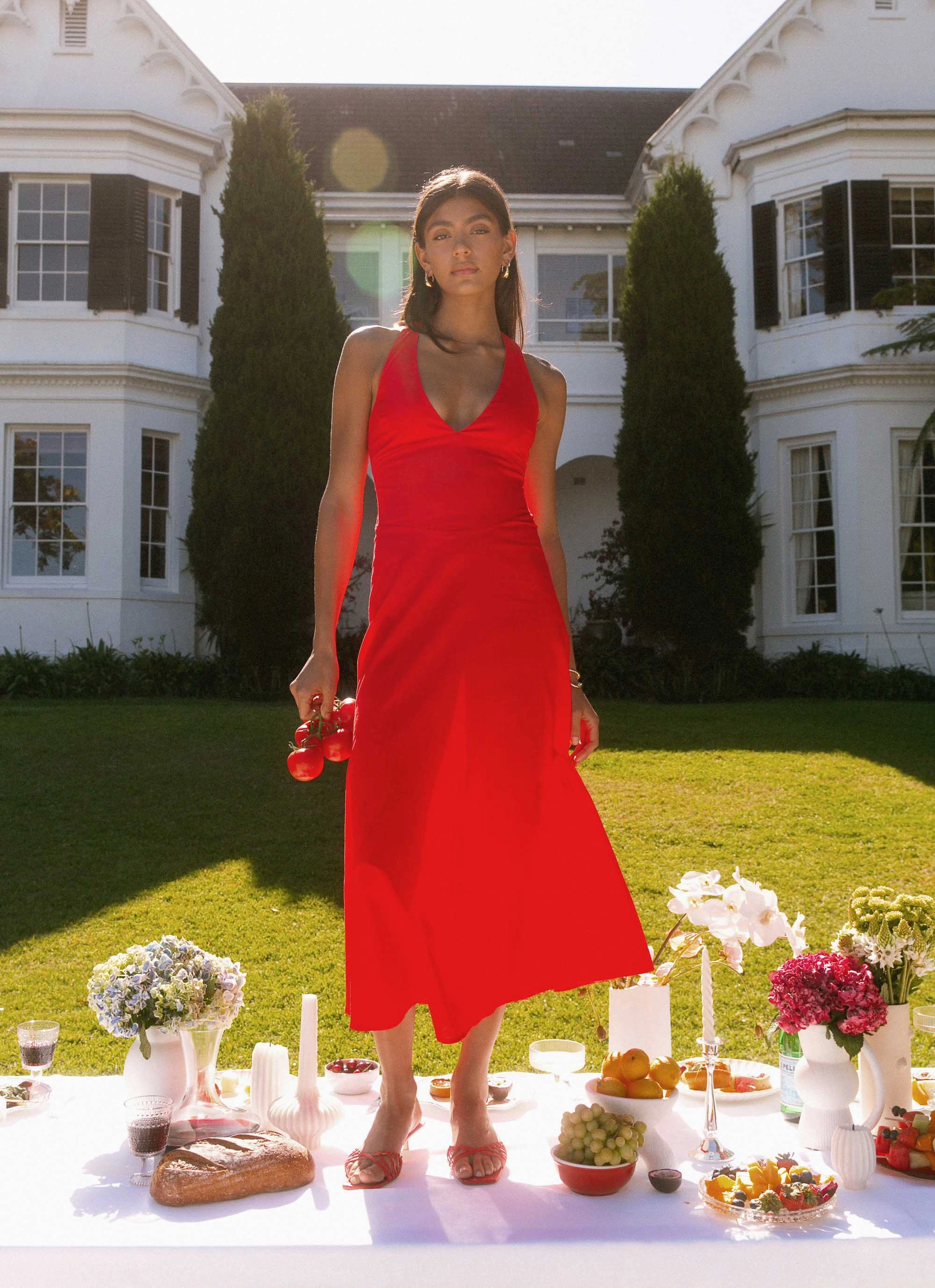 Falling For You Midi Dress - Red Relax Tones Sophisticated Waistband Fit