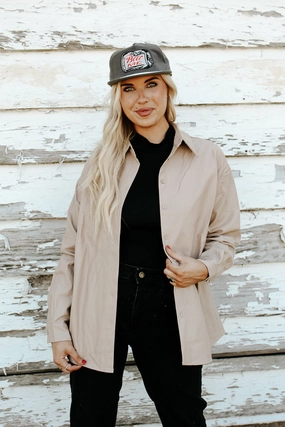 Full Length Zipper Closure Fallon Faux Leather Shacket - Taupe